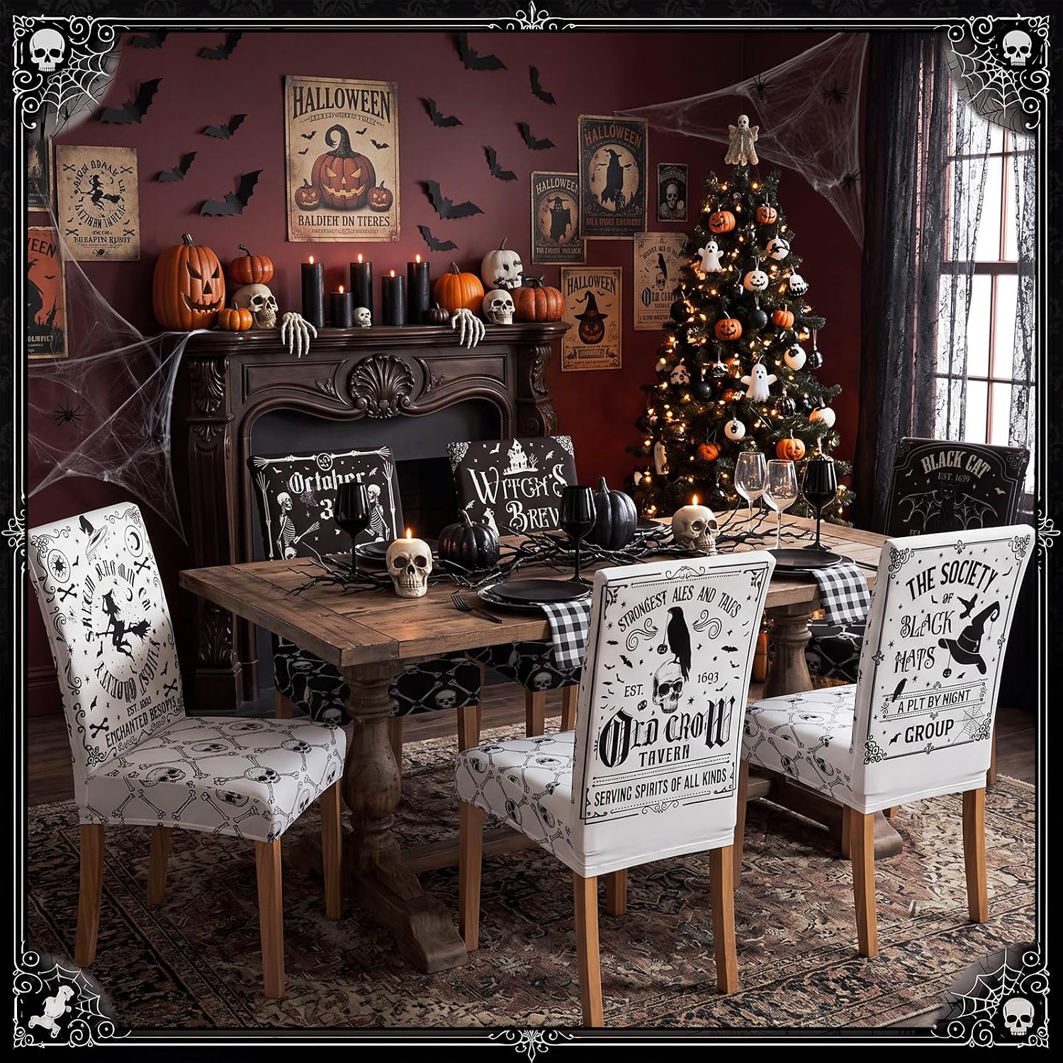 Moukeren 6 Pcs Halloween Black and White Dining Chair Covers Removable Washable Stretch Slipcovers Scary Skull Dining Chair Protectors for Halloween Restaurant Farmhouse Kitchen Hotel Decor Supplies