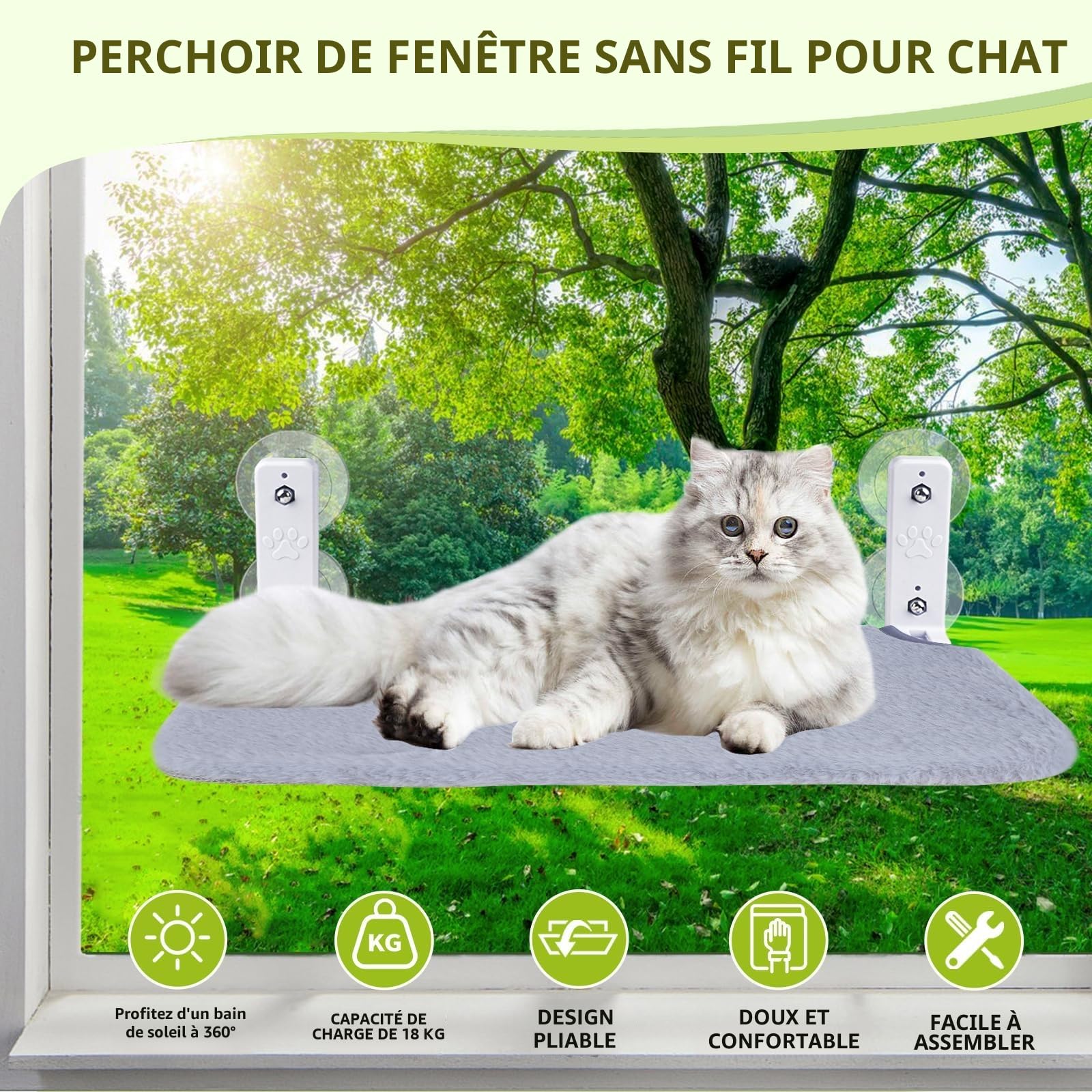 Hamac pour Chat pour fenêtre - 45 x 30 cm - Lit en Peluche - Pliable et Stable - 4 ventouses puissantes jusqu'à 18 kg (Gris-XL)