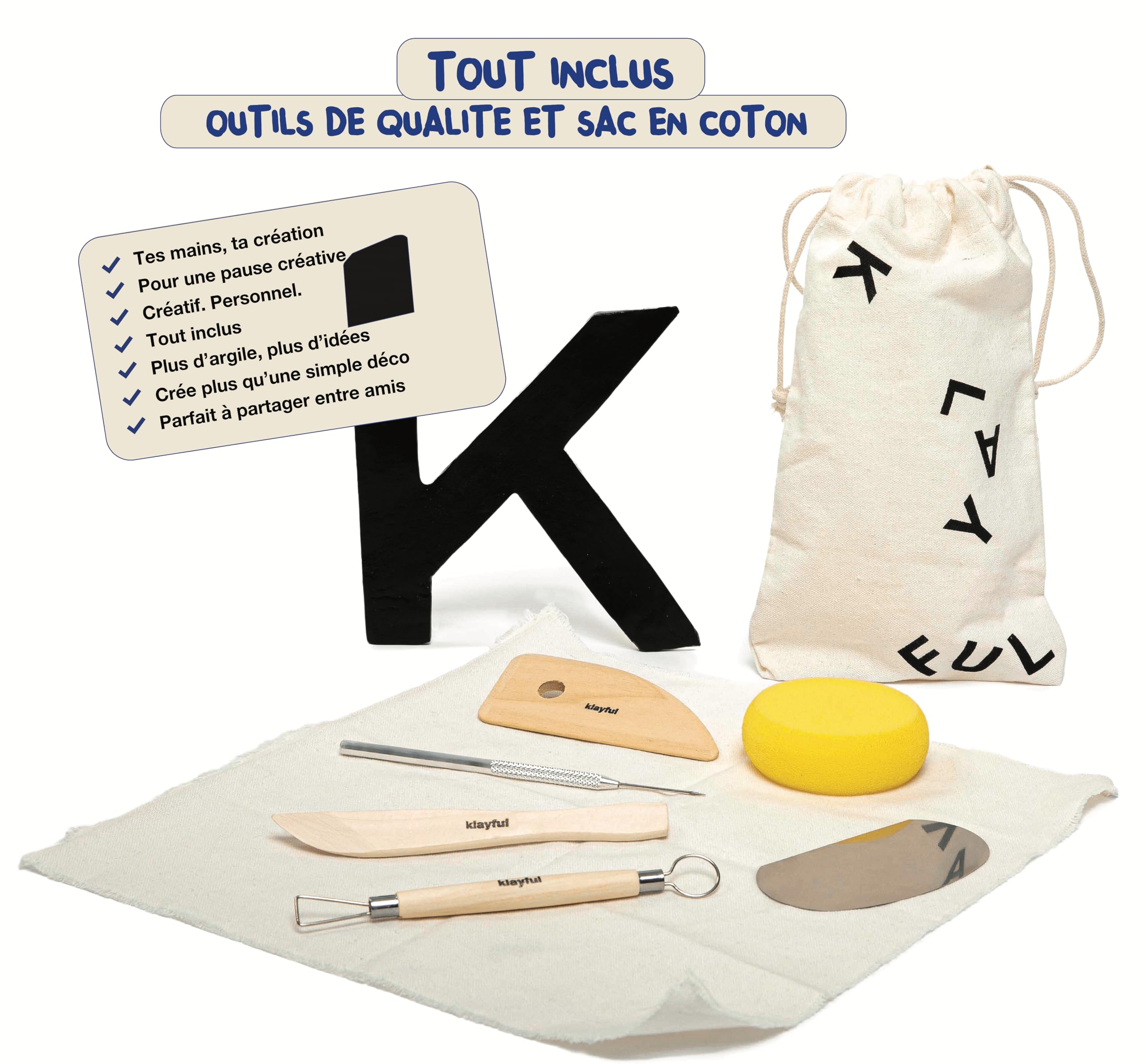 KLAYFUL – Kit Argile Autodurcissante Sans Cuisson | Peintures Classiques Haute Couvrance | Outils, Pinceaux, Vernis et Guide | Kit Poterie Adulte Débutant | Cadeau Créatif DIY