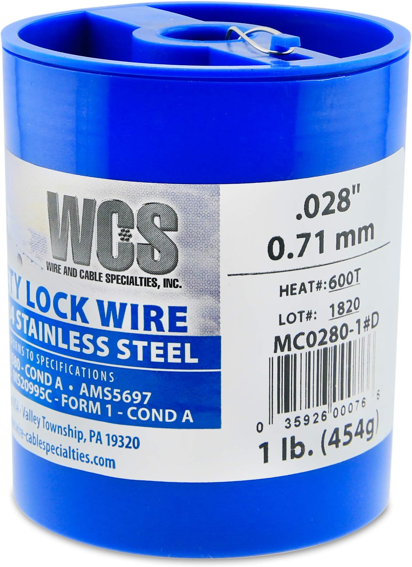 Wire and Cable Specialties MC0280-1#D .028" Safety Lockwire (MS20995C28 0.71 mm, 1 lb 0.45 kg Disp., appx 474 ft 68 m)