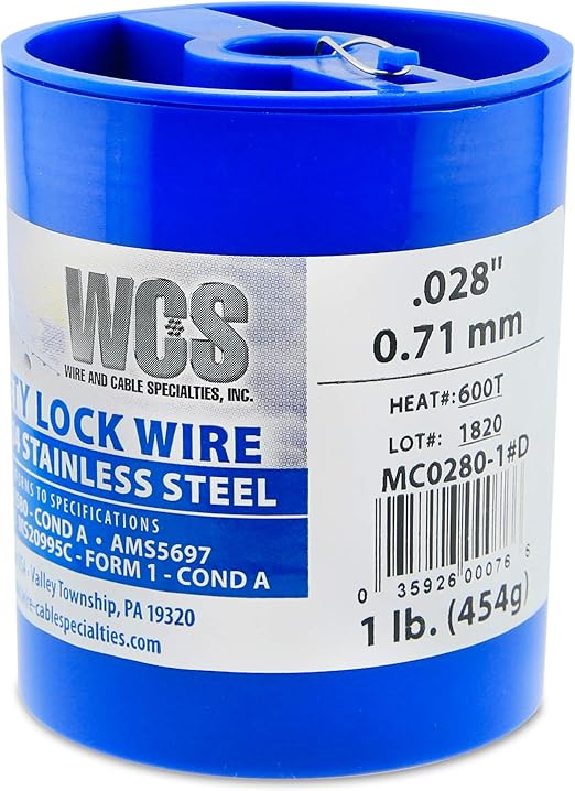 Lock Wire, T302/304 Stainless, NASM20995, MS20995C, ASTM A580 Cond A, AMS5697, .028 in (0.71 mm), 1 lb (0.45 kg) Dispenser Can, Approx. 474 ft (144 m)