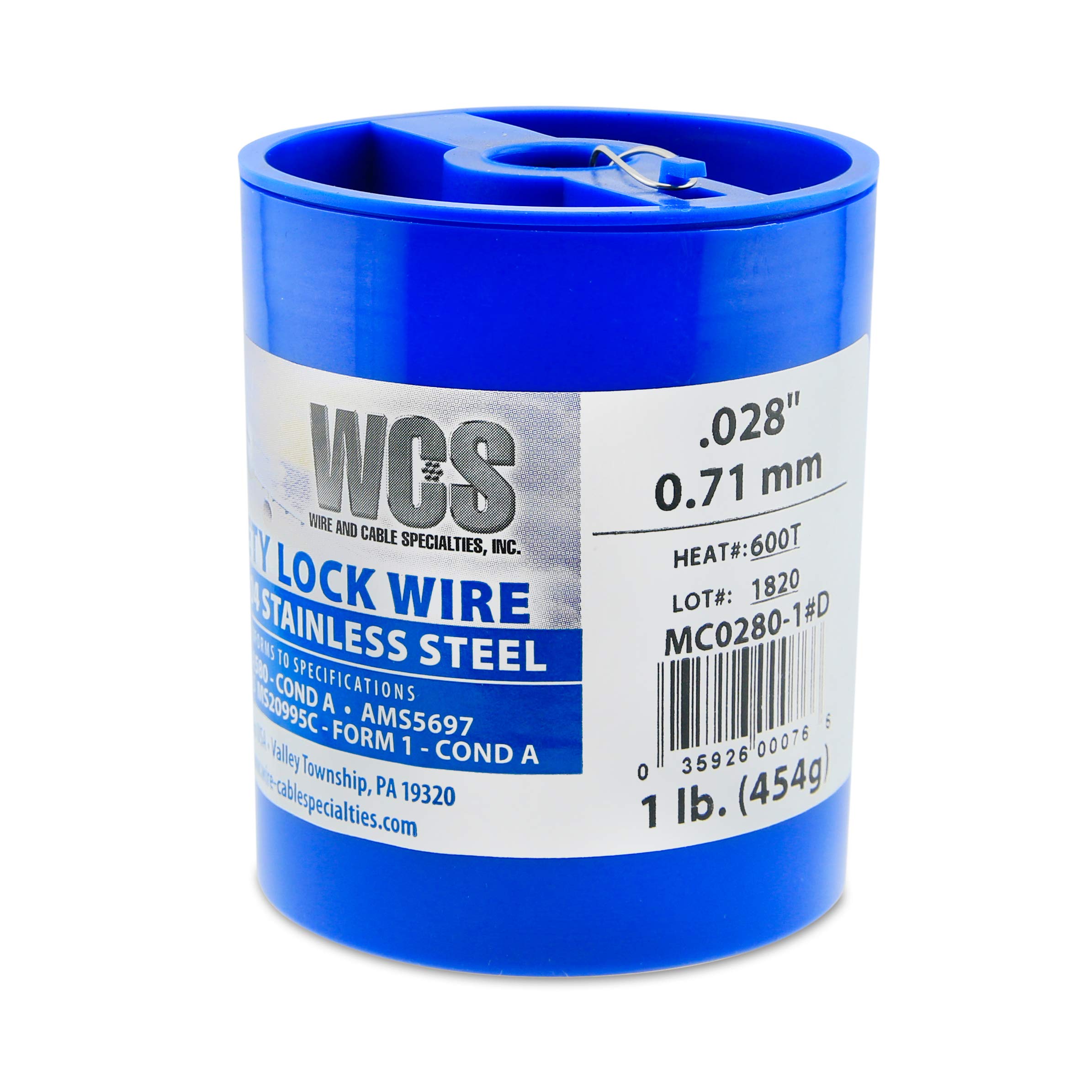 Lock Wire, T302/304 Stainless, NASM20995, MS20995C, ASTM A580 Cond A, AMS5697, .028 in (0.71 mm), 1 lb (0.45 kg) Dispenser Can, Approx. 474 ft (144 m)