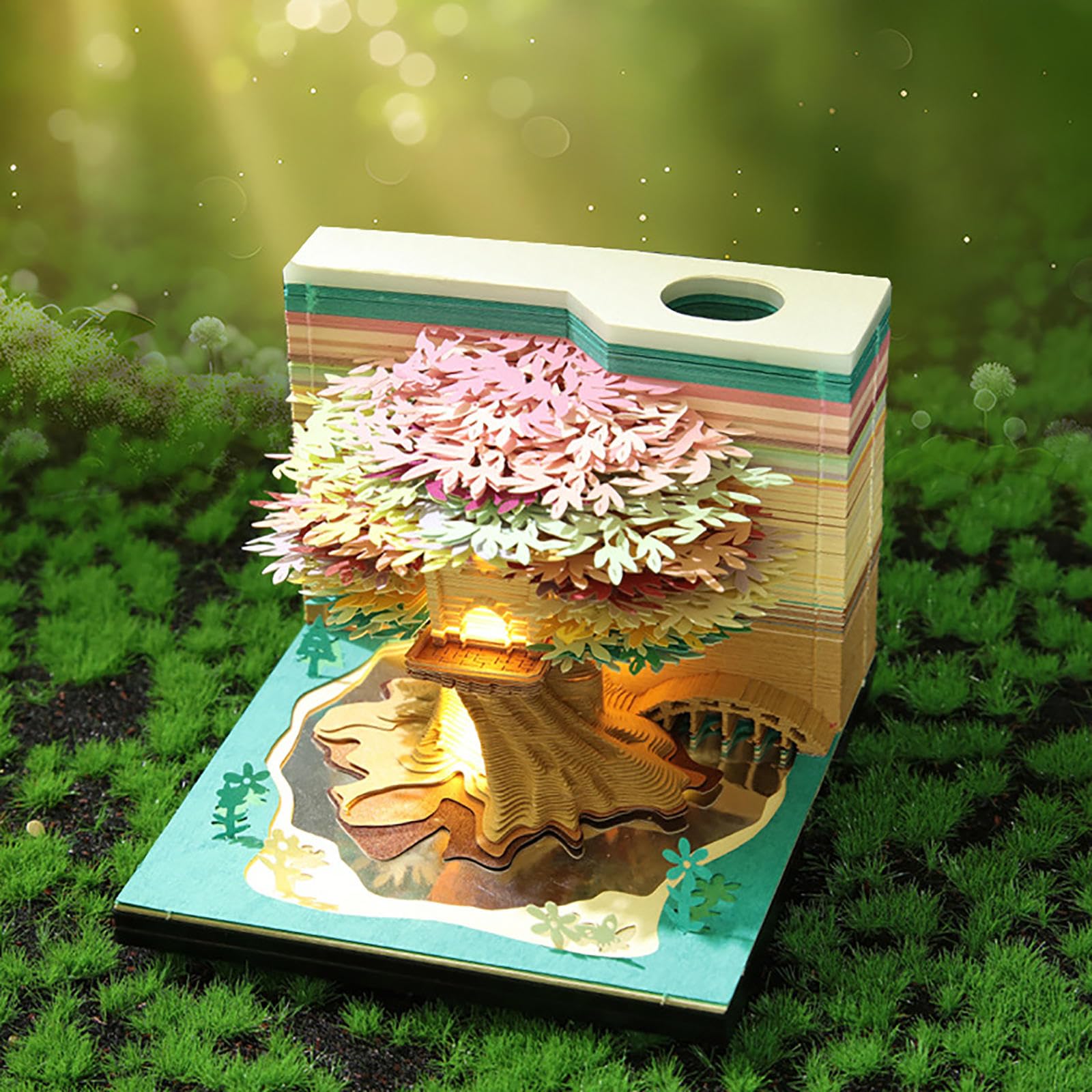 Calendrier 3D 2026 Cabane Dans Les Arbres – Bloc-Notes Lumineux LED, Sculpture Papier Artistique & Déco Bureau