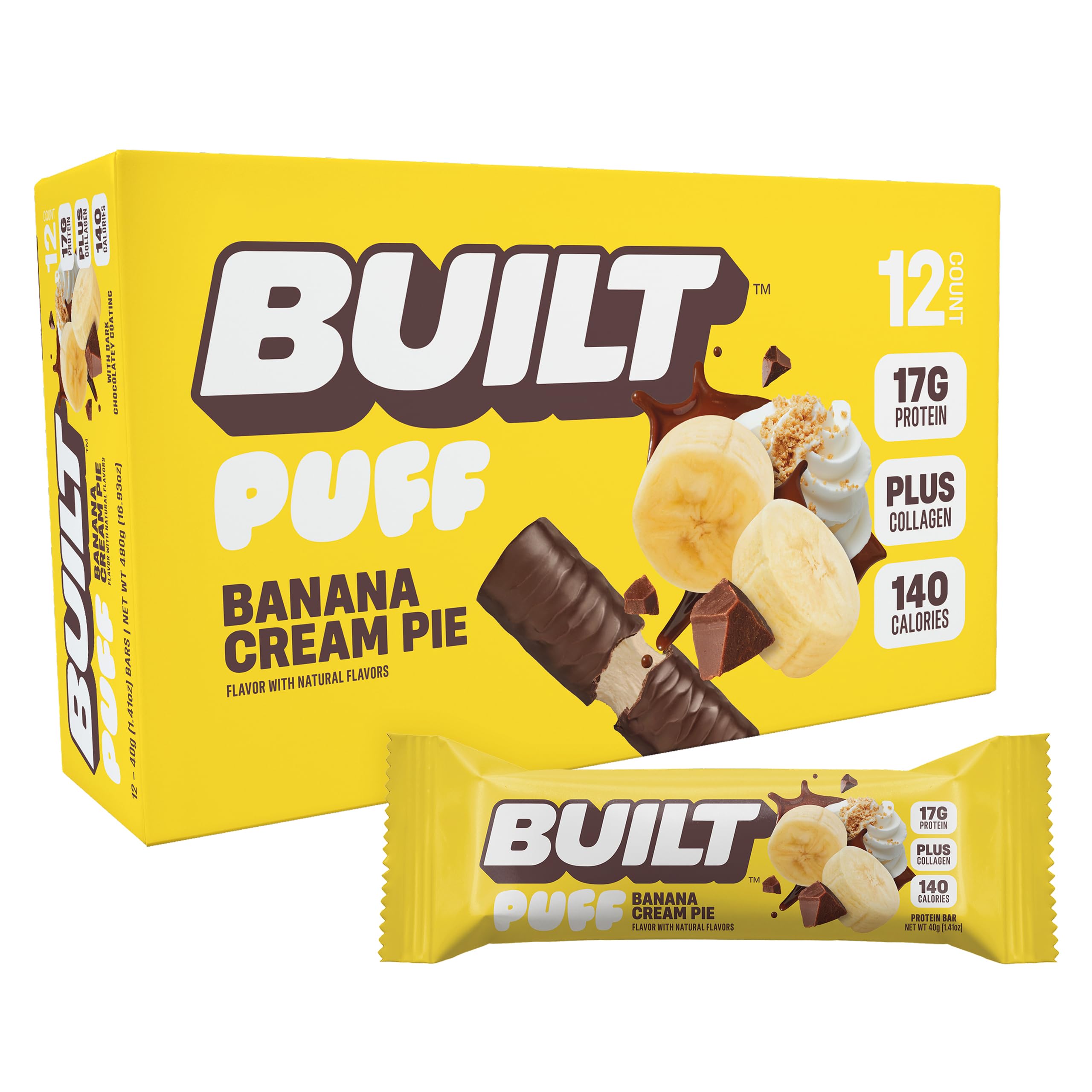 Built Bar, Puff Protein Bars, Banana Cream Pie Puff, 17g Protein Snacks, On-The-Go Bars, Only 140 Calories, 6g Sugar, Collagen, Gluten Free, 12 Count