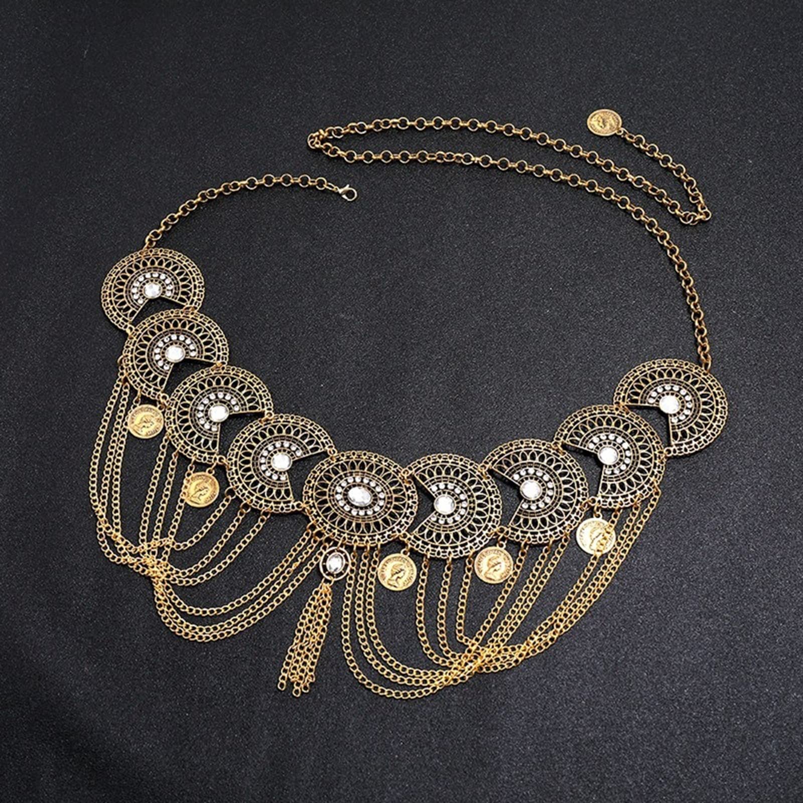 RWRAPS Damen Bauch Taille Kette Tanzgürtel Strandgürtel Böhmische Körperkette Retro Münze Quaste Gürtel Bauchschmuck Damen Accessoires, Gold (Gold)