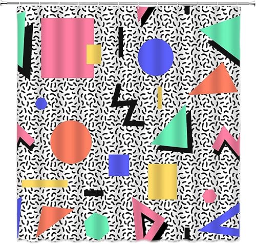 Miniatura 2 de Cortina de ducha geométrica de los años 80 y 90, moderno, rectangular, triangular, diseño de rayas circulares, Memphis, juego de decoración de baño