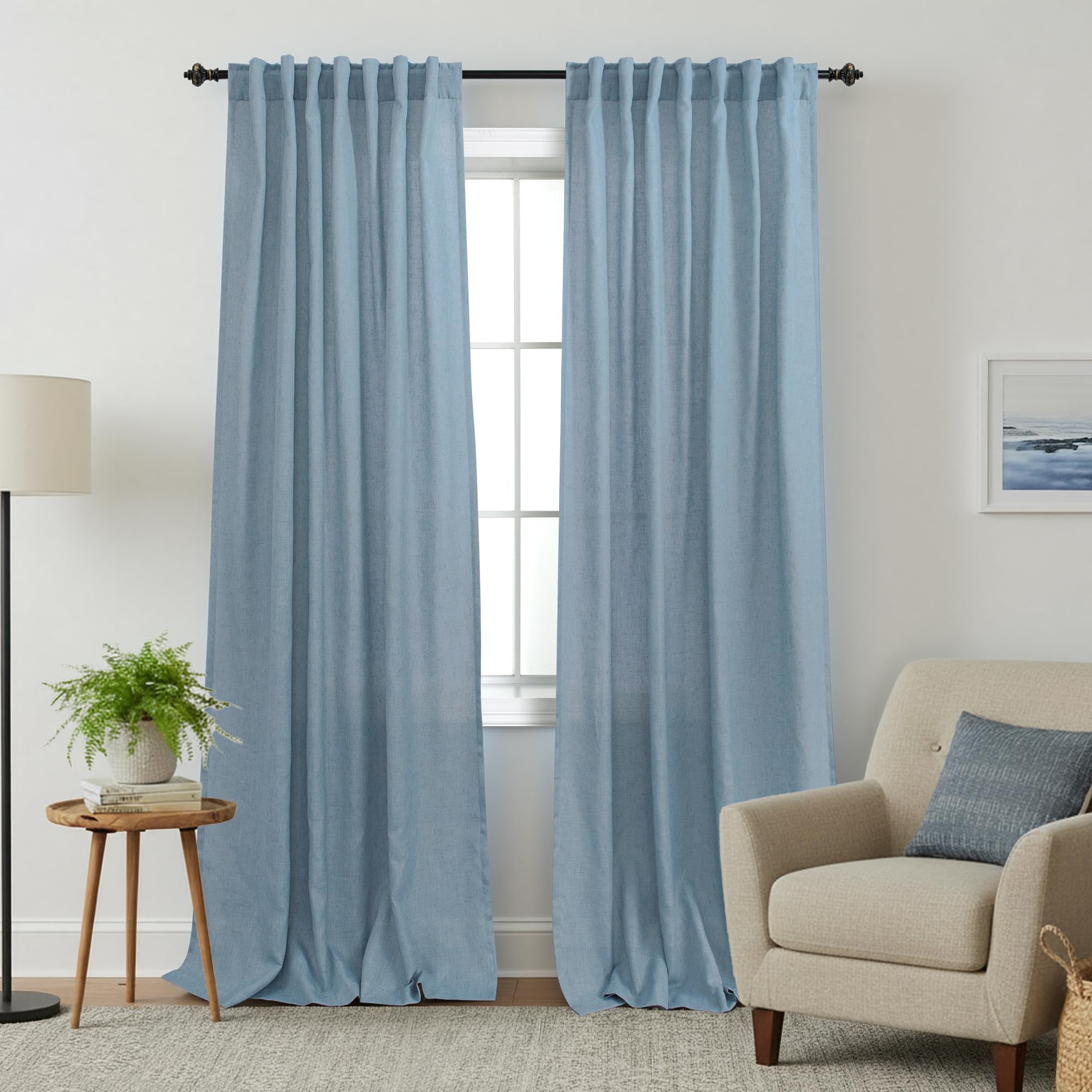KOUFALL Curtains Linen Semi-Transparent, Light Filtering Duct Belt Loops, Living Room, for Country Decor, 2 Pieces, 213 cm, Light Blue (Grey Stone Dusty Blue) — image 1