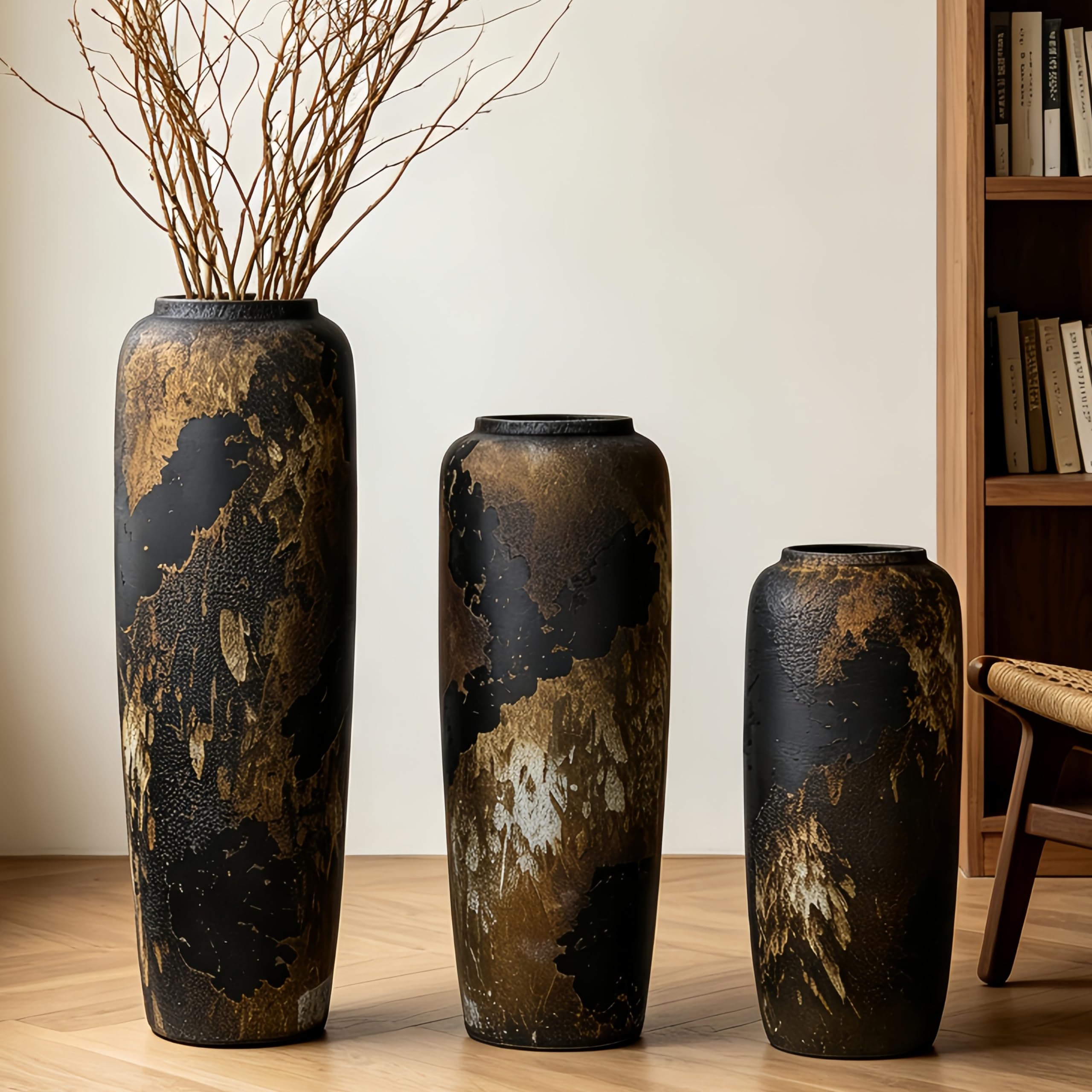 Vintage Keramik Schwarz Bodenvase, 60cm, Rustikaler Boho Stil für Pampasgras, Blumen oder Dekor, Perfekt für Wohnzimmer, Eingang oder Tisch
