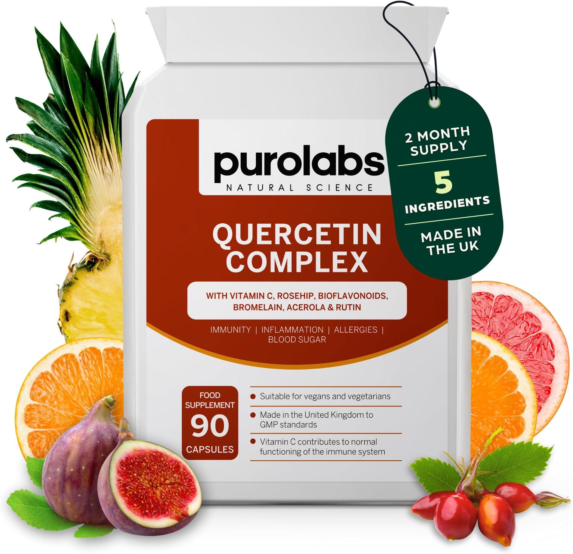 Purolabs Quercetin Supplement 500mg with Quercetin Bromelain & Vitamin C โ High Strength Antioxidant & Immune Support Complex with Bioflavonoids, Rosehip & Rutin โ 90 Vegan Capsules