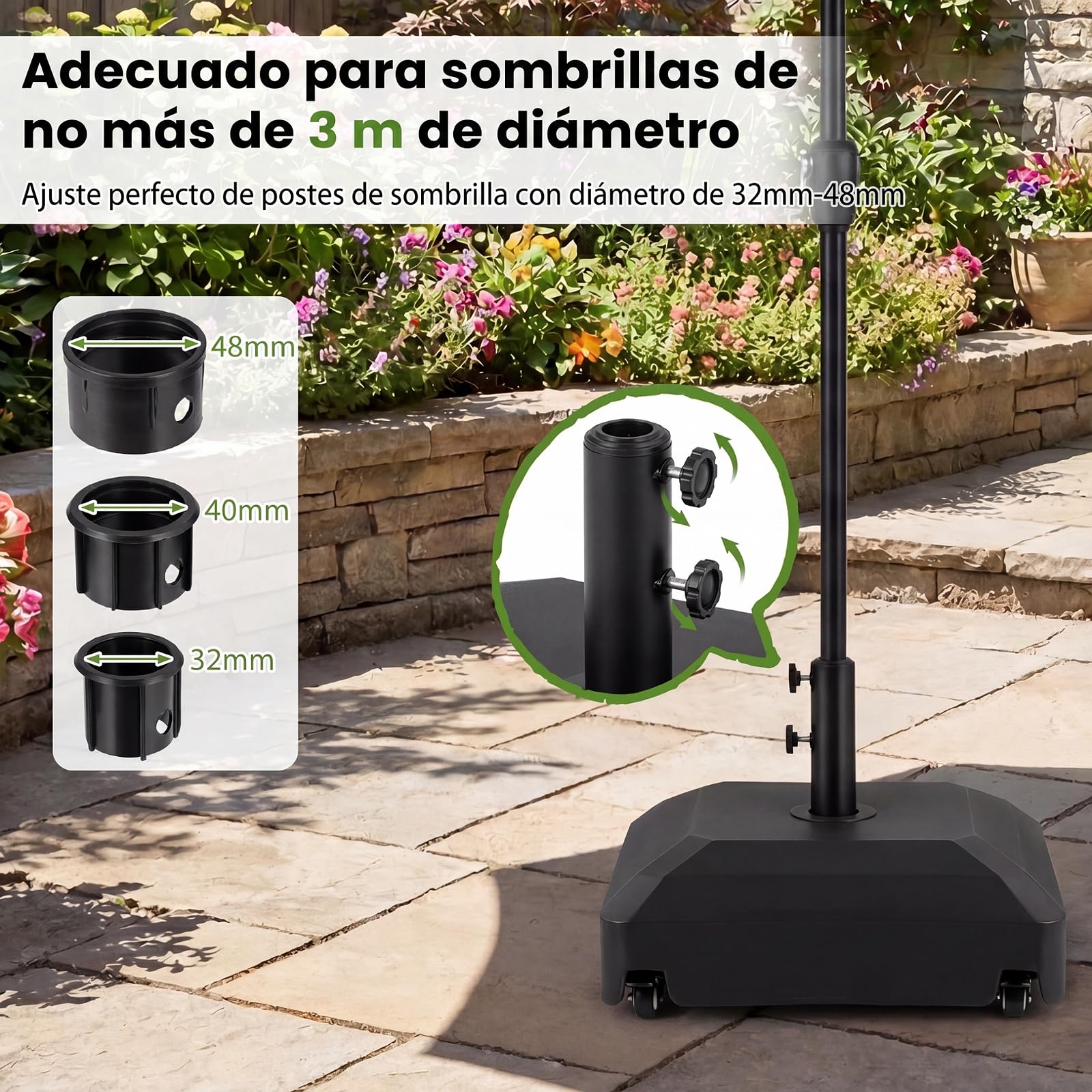 COSTWAY Base de Sombrilla con Ruedas, Pie Sombrilla Rellenable con Agua y Arena de 68 kg, 2 Frenos, 2 Perillas de Ajuste y 3 Adaptadores para Postes de 32/40/48 mm, Soporte de Parasol Terraza Exterior