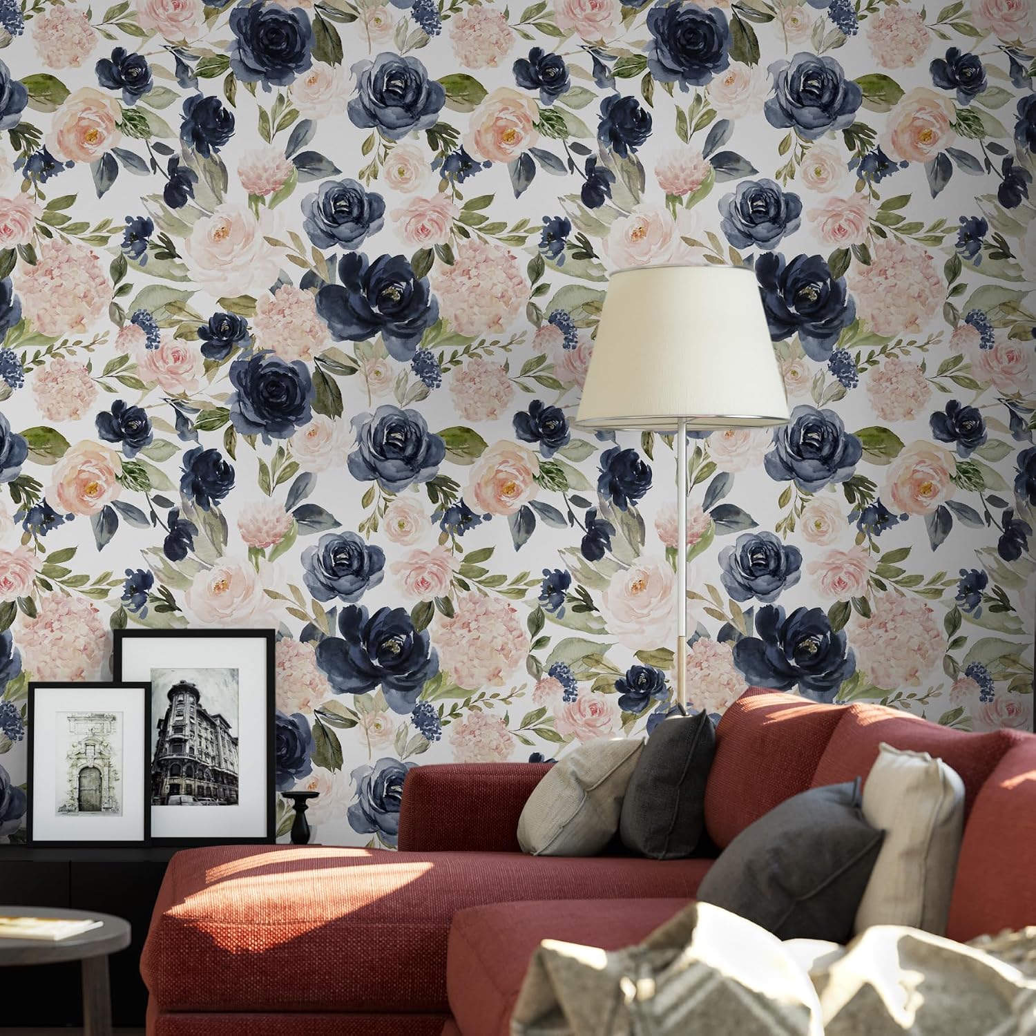 Light Pink Floral Peel and Stick Wallpaper Vintage Blue Blossoms Rose Contact Paper Removable Self Adhesive Wall Paper for Bedroom Drawer Cabinet Shelf 17.7"x118"