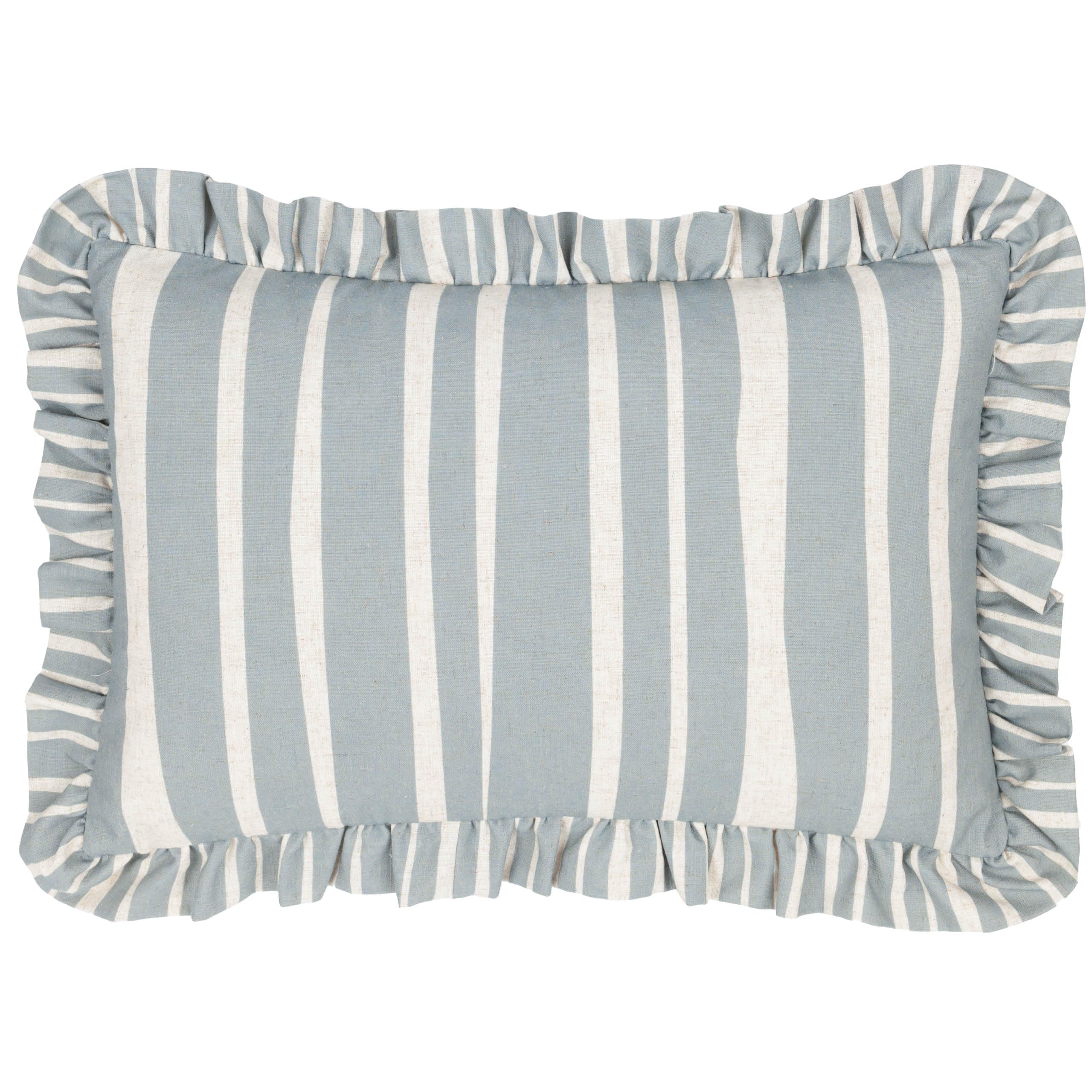 furn. Carmon Stripe Ruffle Cushion Cover - Linen/Blue - 40x60cm