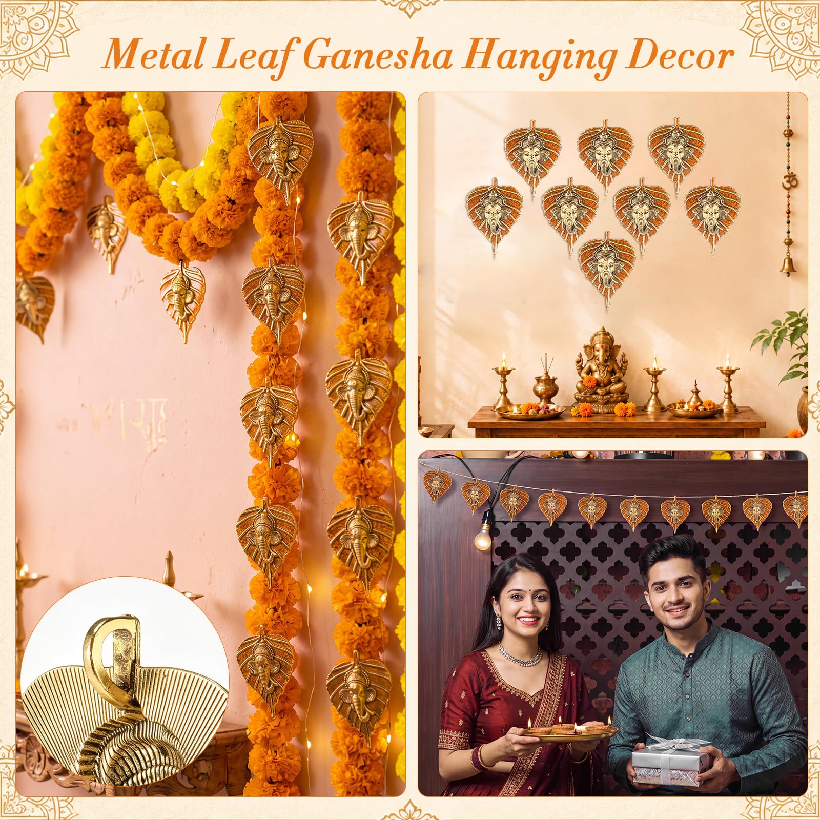 Marsui 16 Stück indische Pooja-Rückkehr-Geschenke, Metallblätter, Ganesha-Dekor, Dankeskarten, Organza-Beutel, Diwali-Rückgabe, Geschenke für Gäste, Diwali, Hochzeit, Einweihung, religiöse Zeremonie