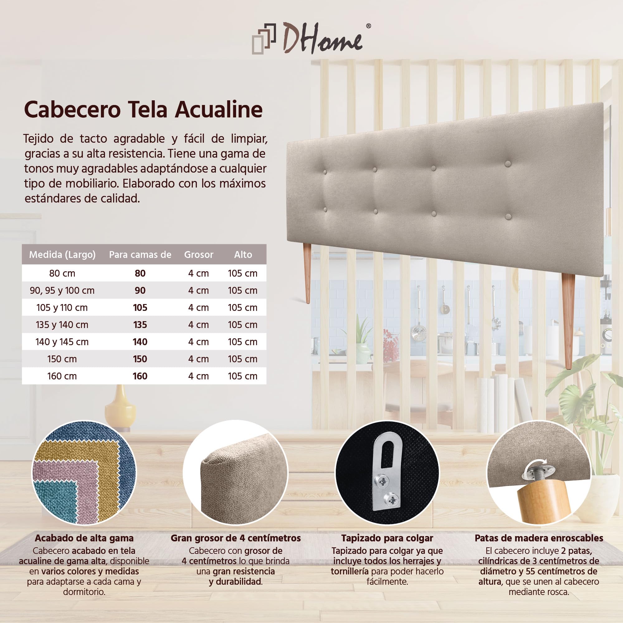 DHOME Cabecero de Polipiel o Tela AQUALINE Pro con 2 hileras de Botones y Patas Cabezal tapizado Cama Lujo (150x105cm con Patas (Camas 150/160), Tela Beige)
