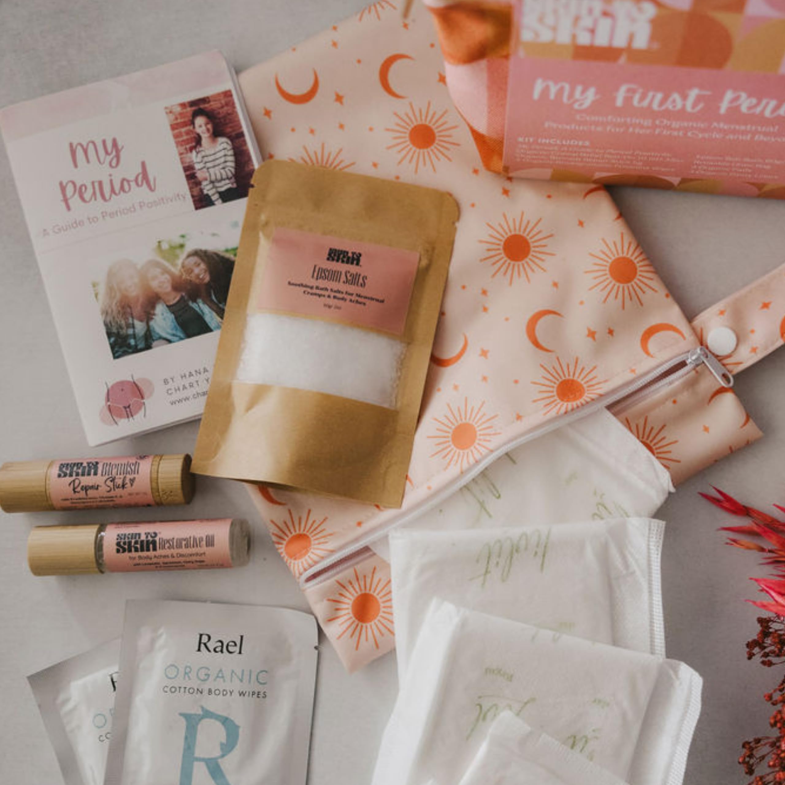 Skin to Skin My First Period Kit for Girls 10-16: Menstrual Starter Kit with Pads, Panty Liners, Cramp Relief, Educational Booklet
