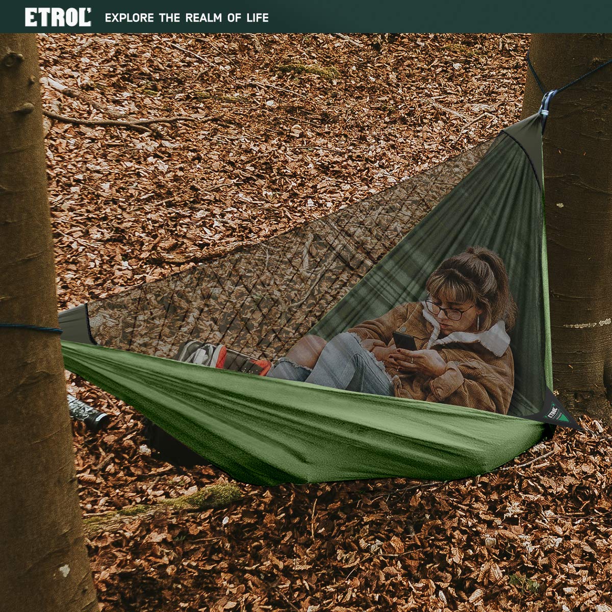 ETROL Camping Hammock with Mosquito Net,Portable Double Hammock ,2 in 1 Lightweight Hammocks for Outdoor Indoor Travel Backpacking Patio Beach- Tree Straps Carabiners Ridgeline Nails Elastic Rope Sporting Goods