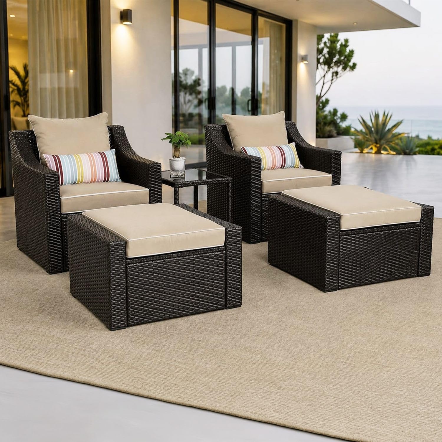 DEVOKO 5 Pieces Patio Furniture Wicker Set with Ottoman and Table for Backyard, Porch, Gareden (Dark Brown & Cream Cushion)