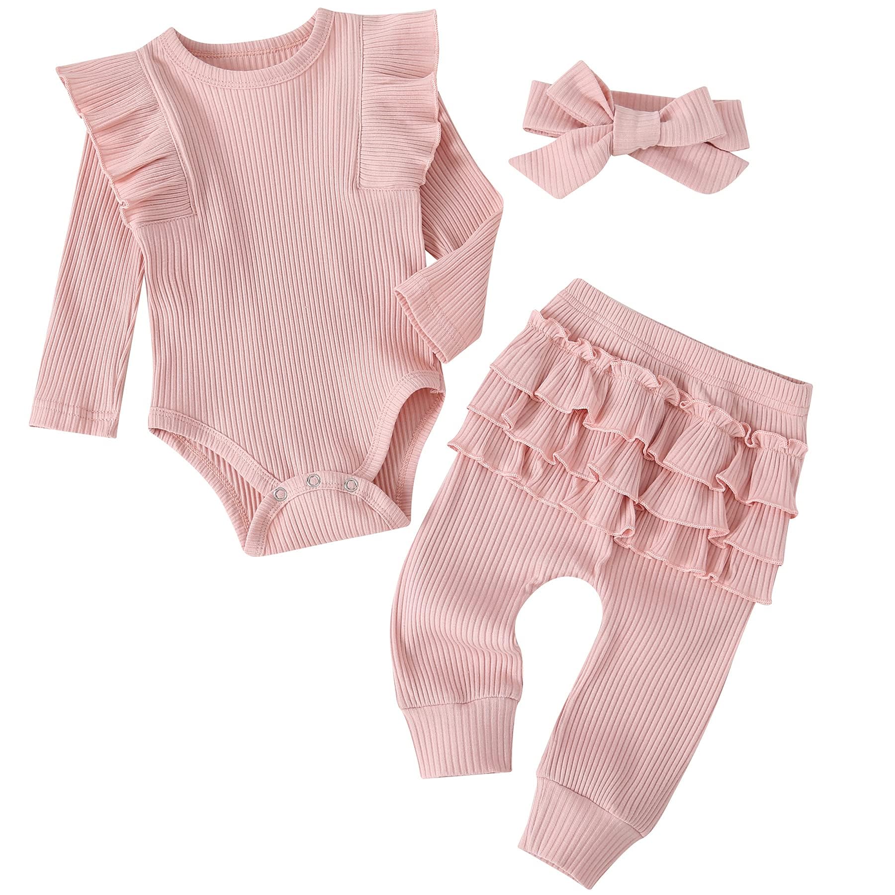 Fullfamous Baby Girl's 3pc Rib Frill Long Sleeve Romper and Pant Set