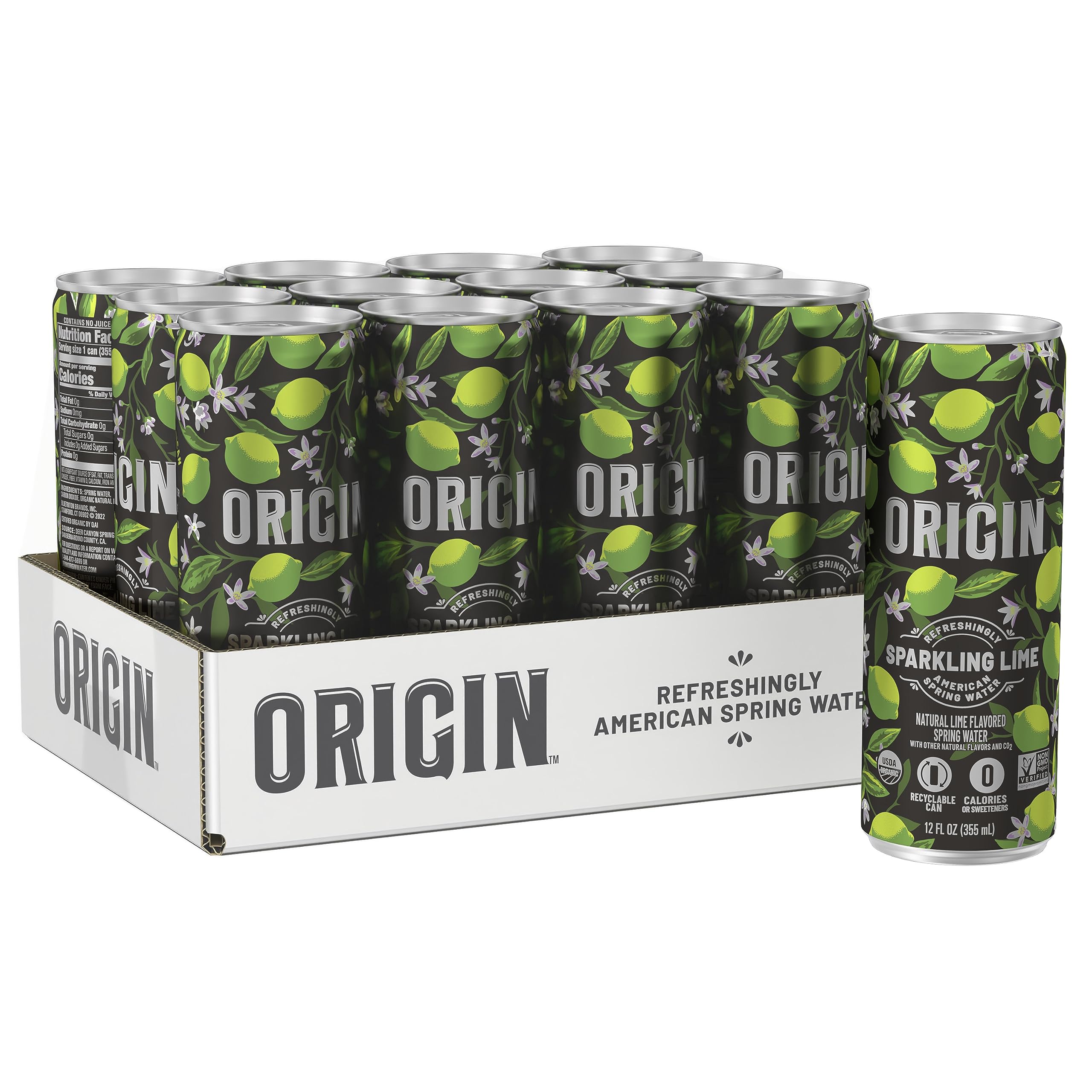 ORIGIN Organic & Non-GMO Lime Flavor Sparkling Water, 12 Fl Oz, Recyclable Aluminum Cans (12 Count)