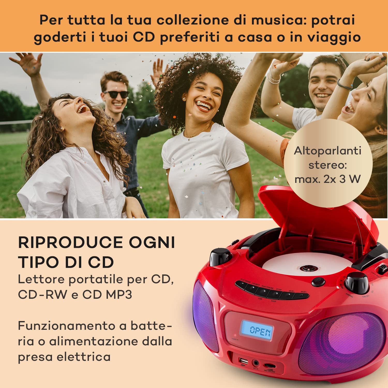 Auna Portatile Bluetooth con Lettore CD, Boombox 3W, Radio FM Stereo, AUX, Display a LED, USB, Bluetooth 5.0, MP3, Ricaricabile Vintage
