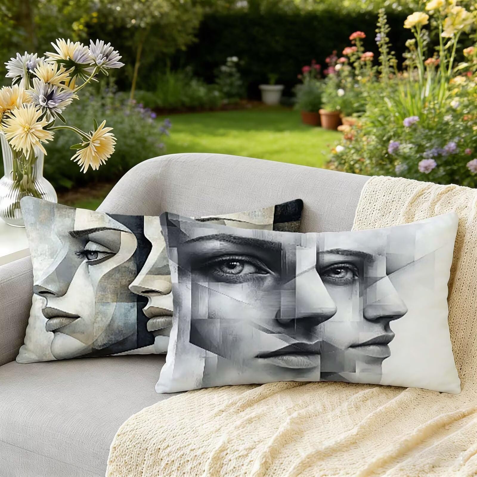 Housse coussin imperméable velours 40x80 taie oreiller motif abstrait lot de 2