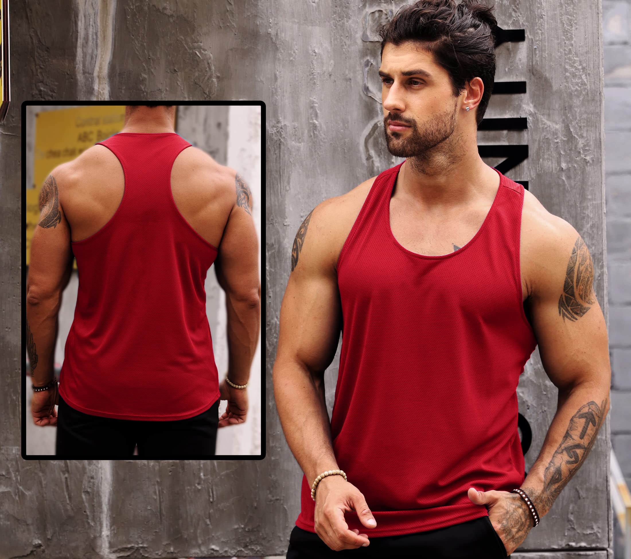 LecGee Herren 3er-Pack Gym Workout Tank Top Dry Fit Y-Back Muscle T-Shirts Ärmellos Mesh Bodybuilding Fitness Stringer, schwarz / rot / grau, XL