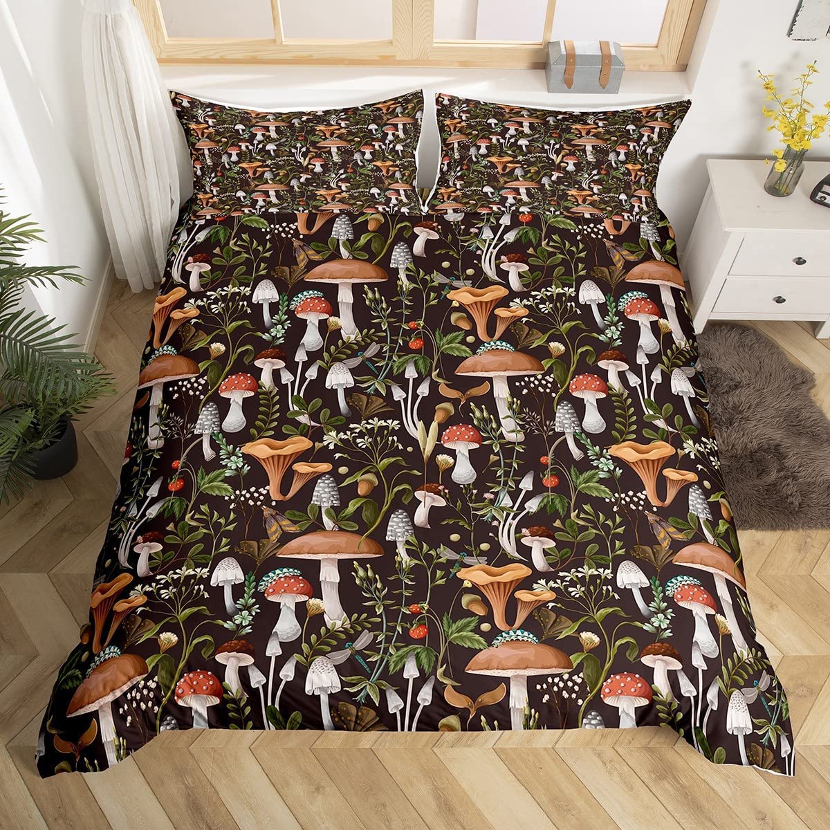 Wild Mushroom Double Size Duvet Cover Cute Strawberry Flowers Bedding Set 3pcs for Kids Teens Adult Rustic Style Jungle Mushrooms Comforter Cover Soft Quilt Cover Bedroom Decor Bedspread
