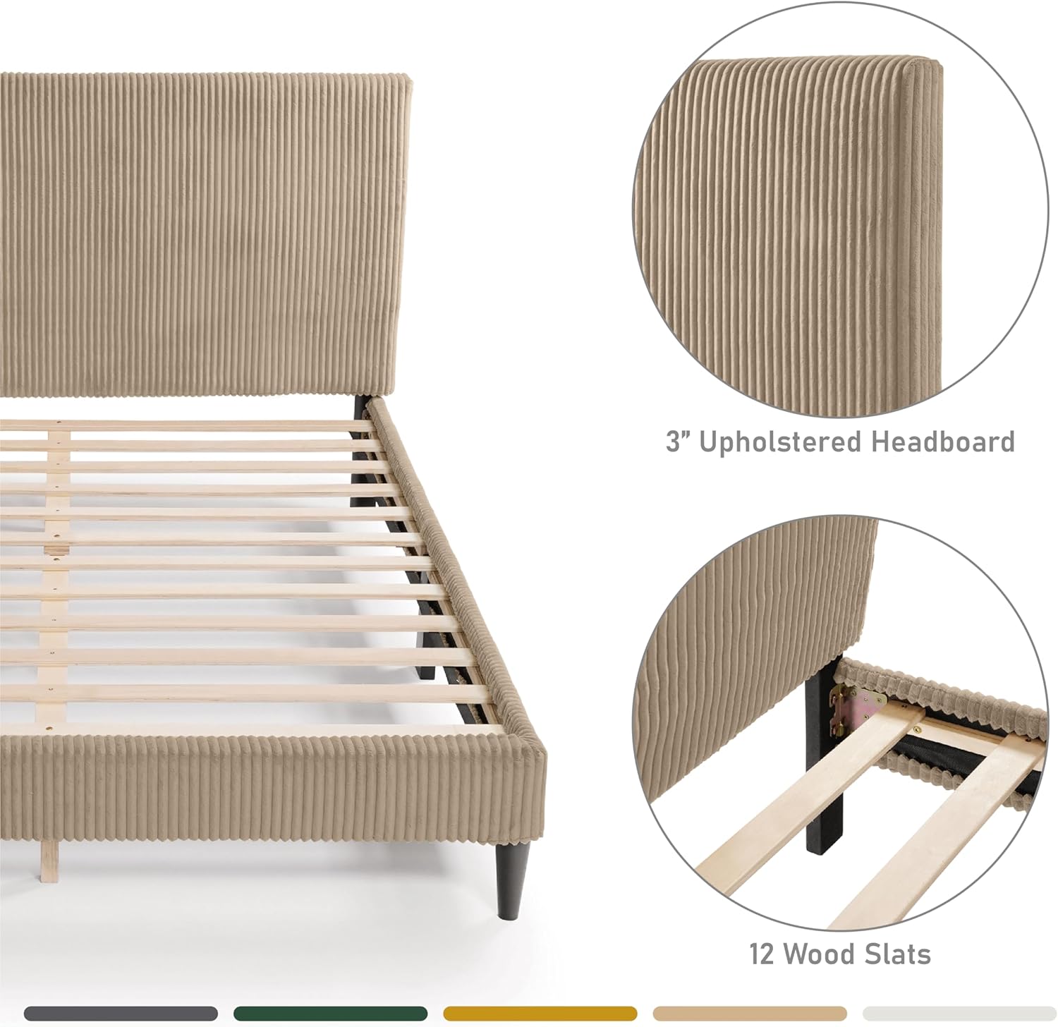 Homes: Inside + Out Lysandra Modern Bed Frame Queen Size with Upholstered Headboard and Corduroy Fabric Cover, No Box Spring Needed for Bedroom, Guest Room, Brown