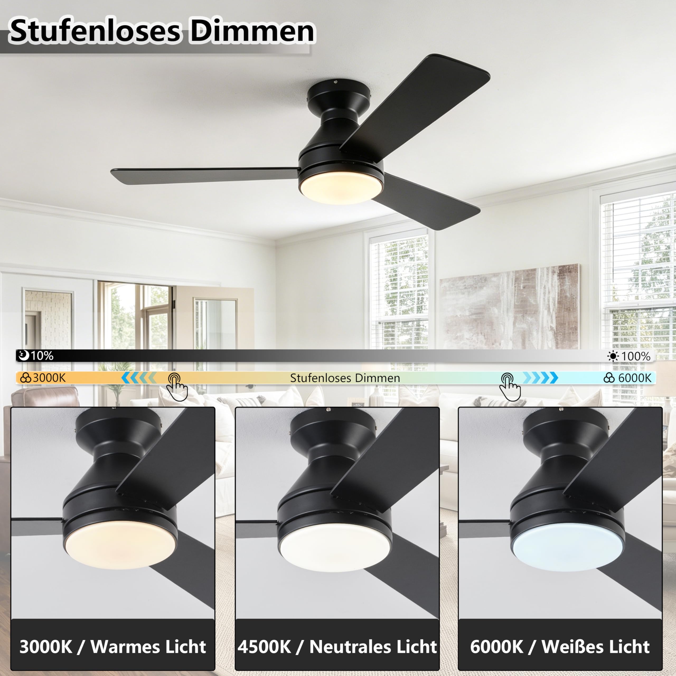 Deckenventilator mit Beleuchtung und Fernbedienung 107cm, Deckenventilator mit Licht Dimmbare LED, 3 Flügel, 6 Stufen, Leiser DC-Motor, Wendeflügel für Schlafzimmer und Wohnzimmer, Schwarz