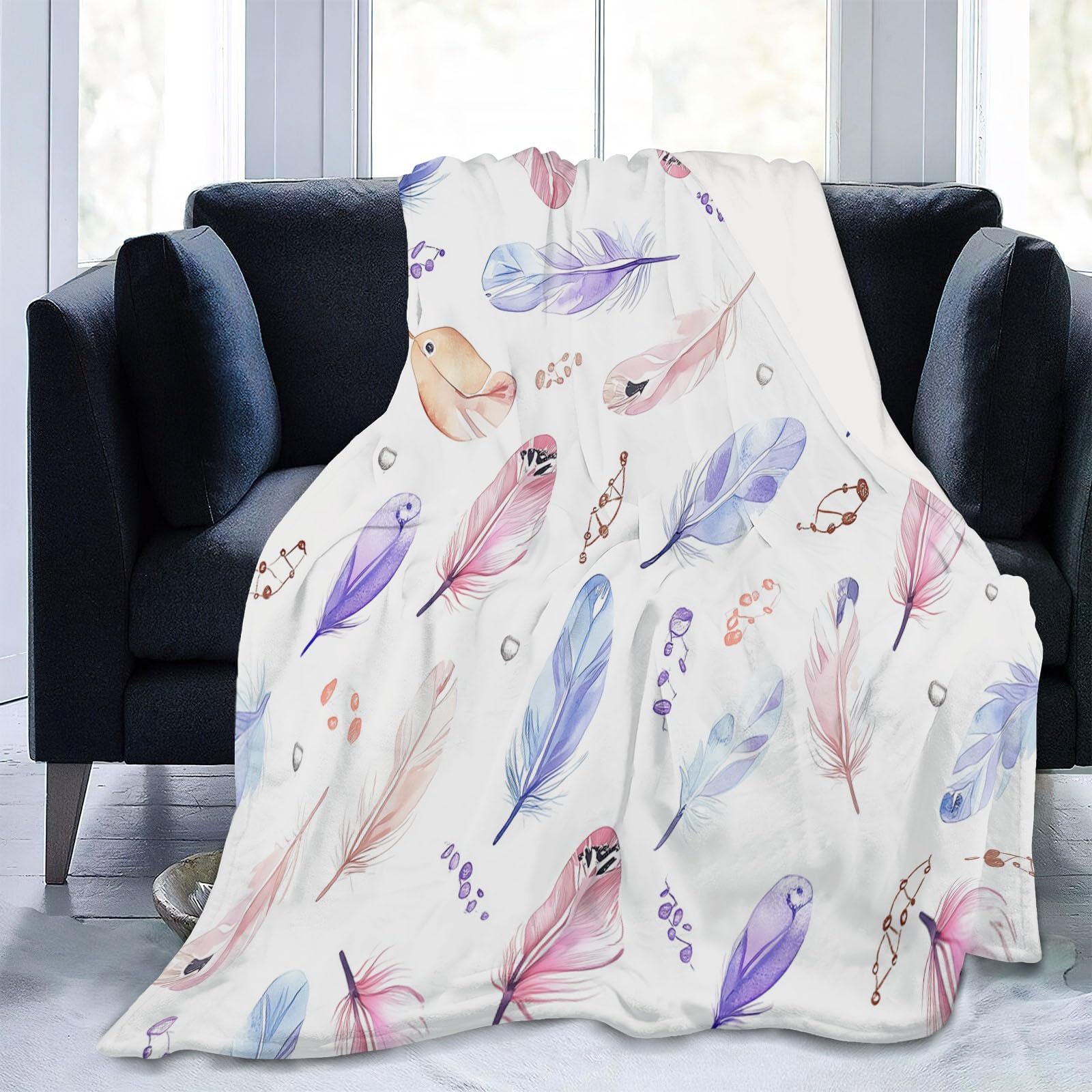 Koc polarowy czeski z akwarelowymi piórami koc flanelowy, gruby miękki ciepły ciepły koc polarowy na sofę łóżko biały koc zimowy 180 x 220 cm