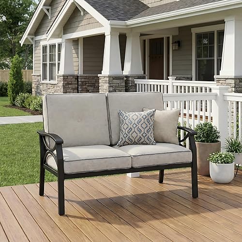 RoyalCraft Sofá biplaza para patio, sofá de 2 asientos para todo tipo de clima, muebles de metal negro con cojines grises