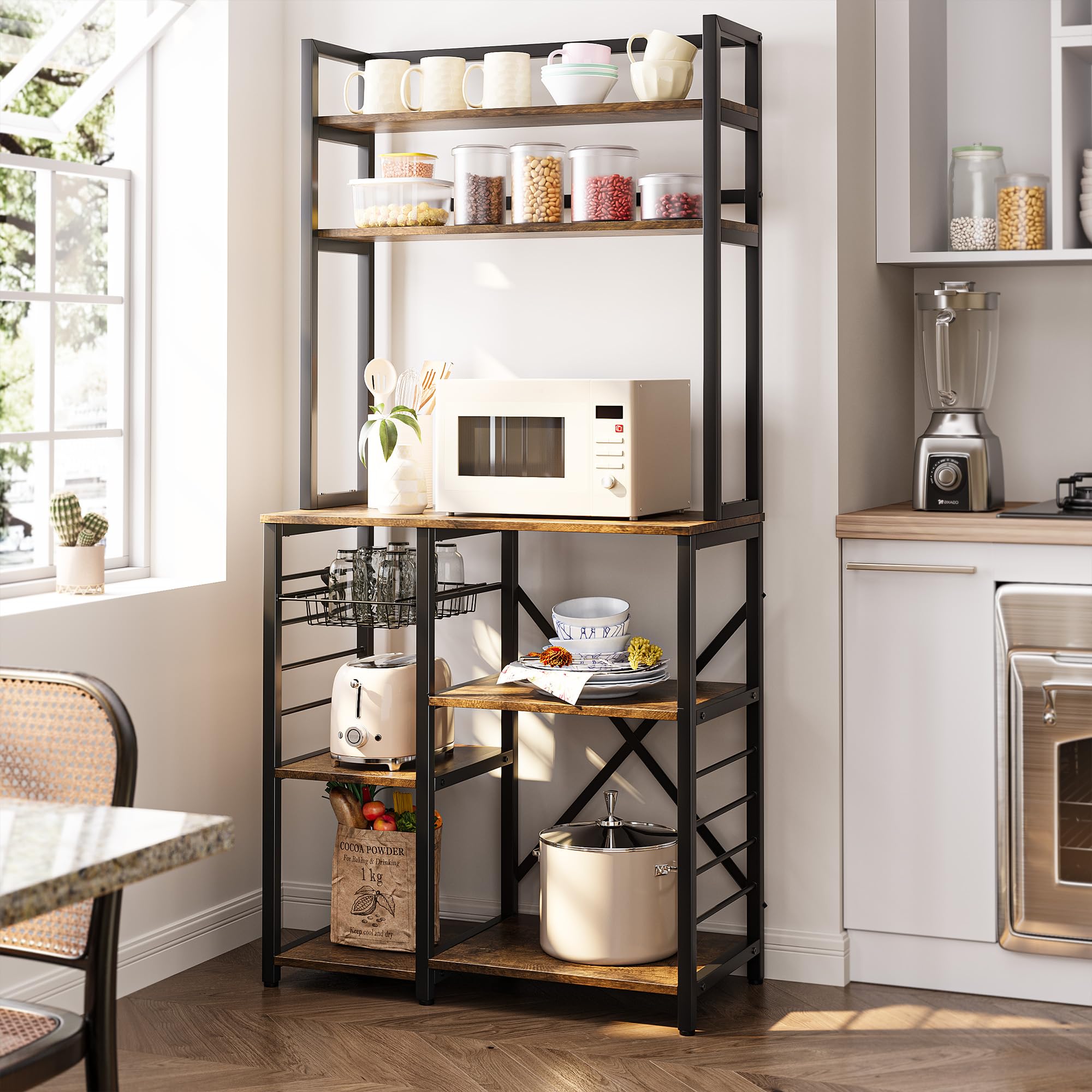 Bealife Scaffale da Cucina per Panetteria, Scaffale a 5 Ripiani con Ganci Laterali e Cestello in Filo, Scaffali in Legno e Metallo, Stile Industriale, 80,5x40,1x169,2 cm (Retro)