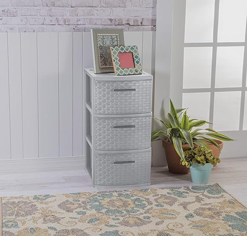 Miniatura 5 de Torre de tejido de 3 cajones, cajones decorativos de plástico con asas de tirador, almacenamiento de plástico de tres cajones, estante compacto para