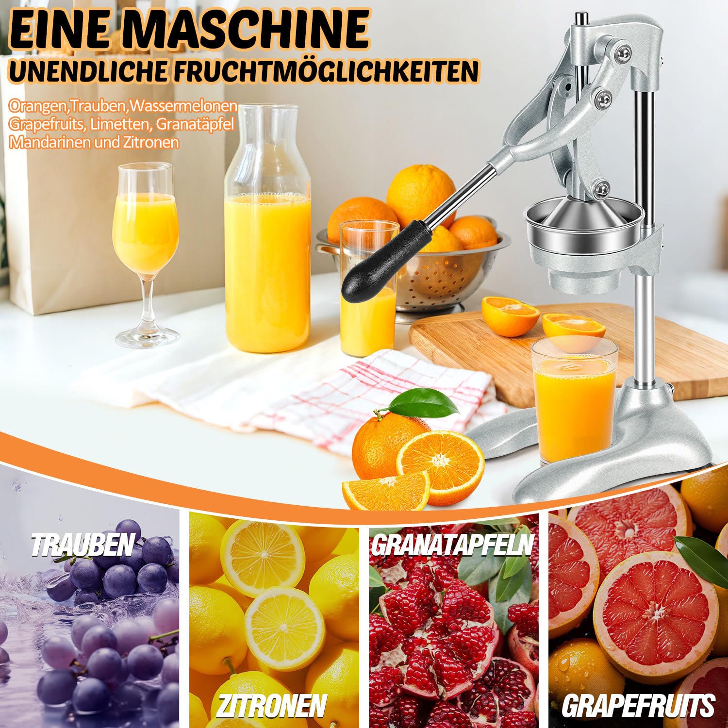 Entsafter manuell,Orangenpresse und Fruchtpresse mit Hebel | 2 Pressköpfe für verschiedene Früchte,mit Hebel und Saugnapf,45 cm hoch,Trichter und Sieb aus 304 Edelstahl