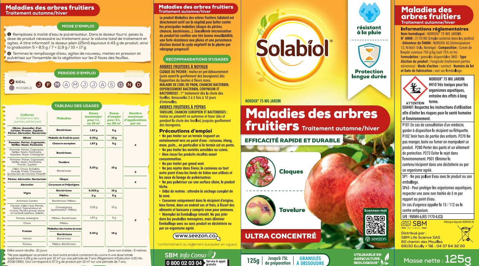 SOLABIOL Maladies Des Arbres Fruitiers - 125g - 75L De Solution - Fongicide Préventif - Lutte Contre Tavelure Bactériose Cloque - Résite Aux Intempéries SONORD125