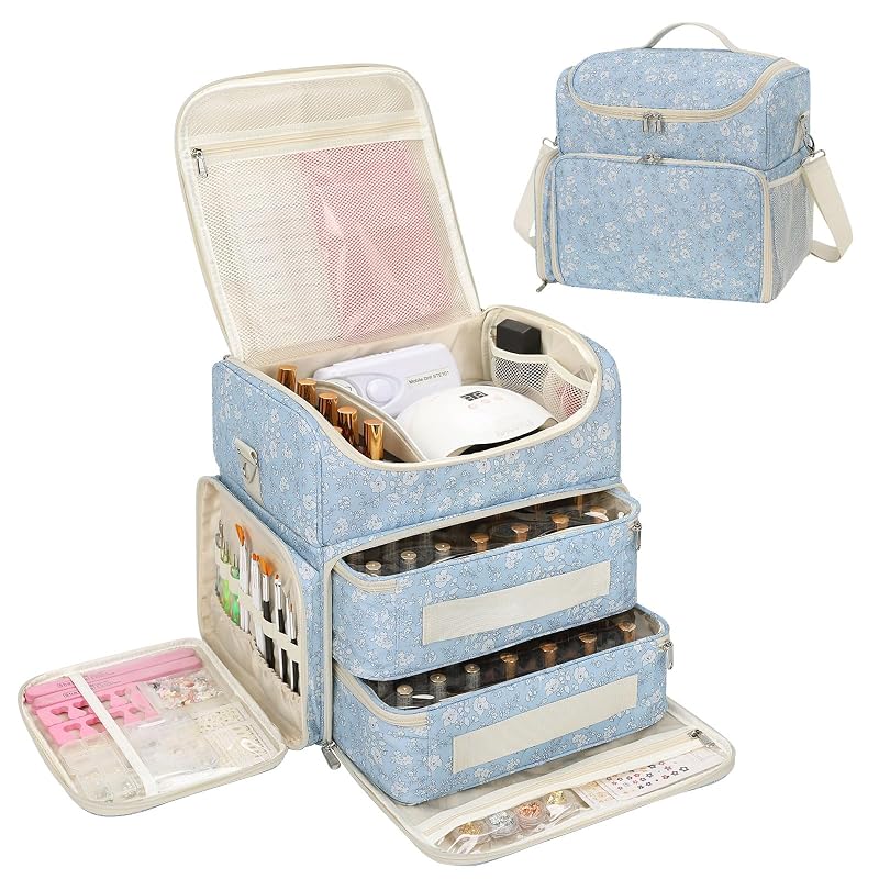 Maleta organizadora CUBETASTIC para esmaltes, com 2 bolsas removíveis e alça, estampa floral branca e azul