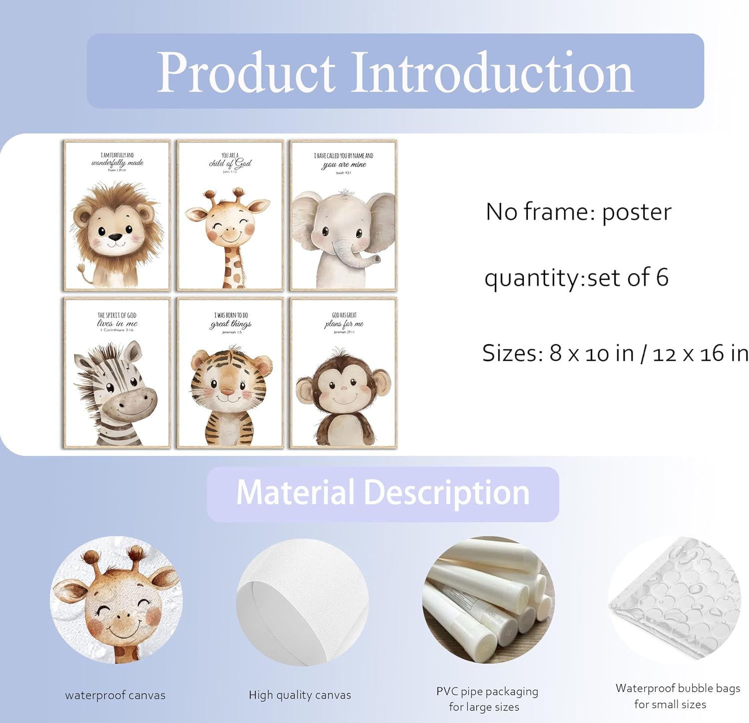 6Pcs Nursery Bible Verse Animal Wall Art Cute Woodland Animals Christian Picture Wall Decor Lions Elephant Giraffe Poster Print Artwork for Classroom BabyBedroom Boys Girls Home Decoration Unframed