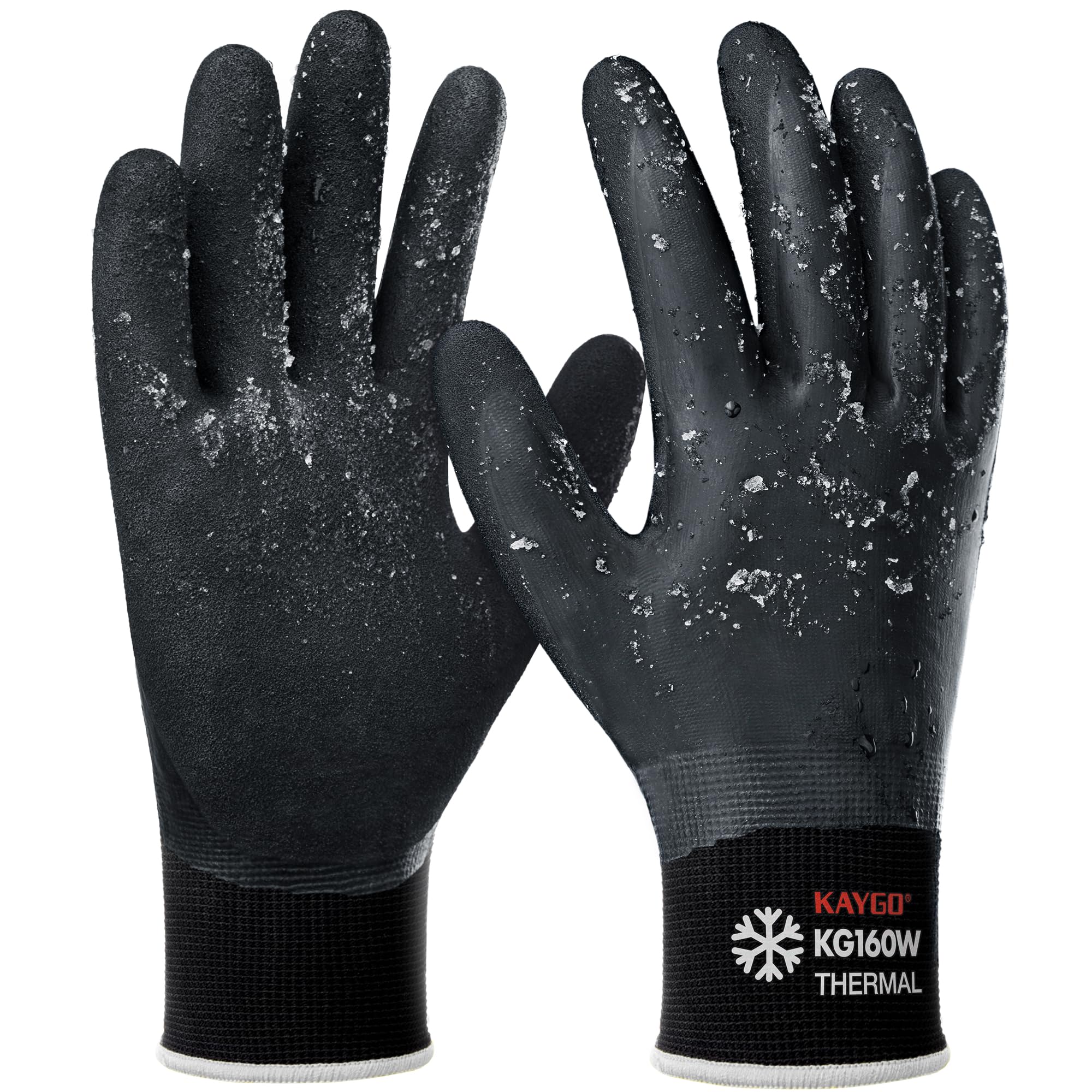 KAYGO Waterproof Thermal Work Gloves with Insulated Warm Liner Double Latex Coated 3 Pairs, Non-Slip Grip for Freezer Storage Cold Weather Winter Outdoor Gardening Snow Shoveling, KG160W (Black, XL)