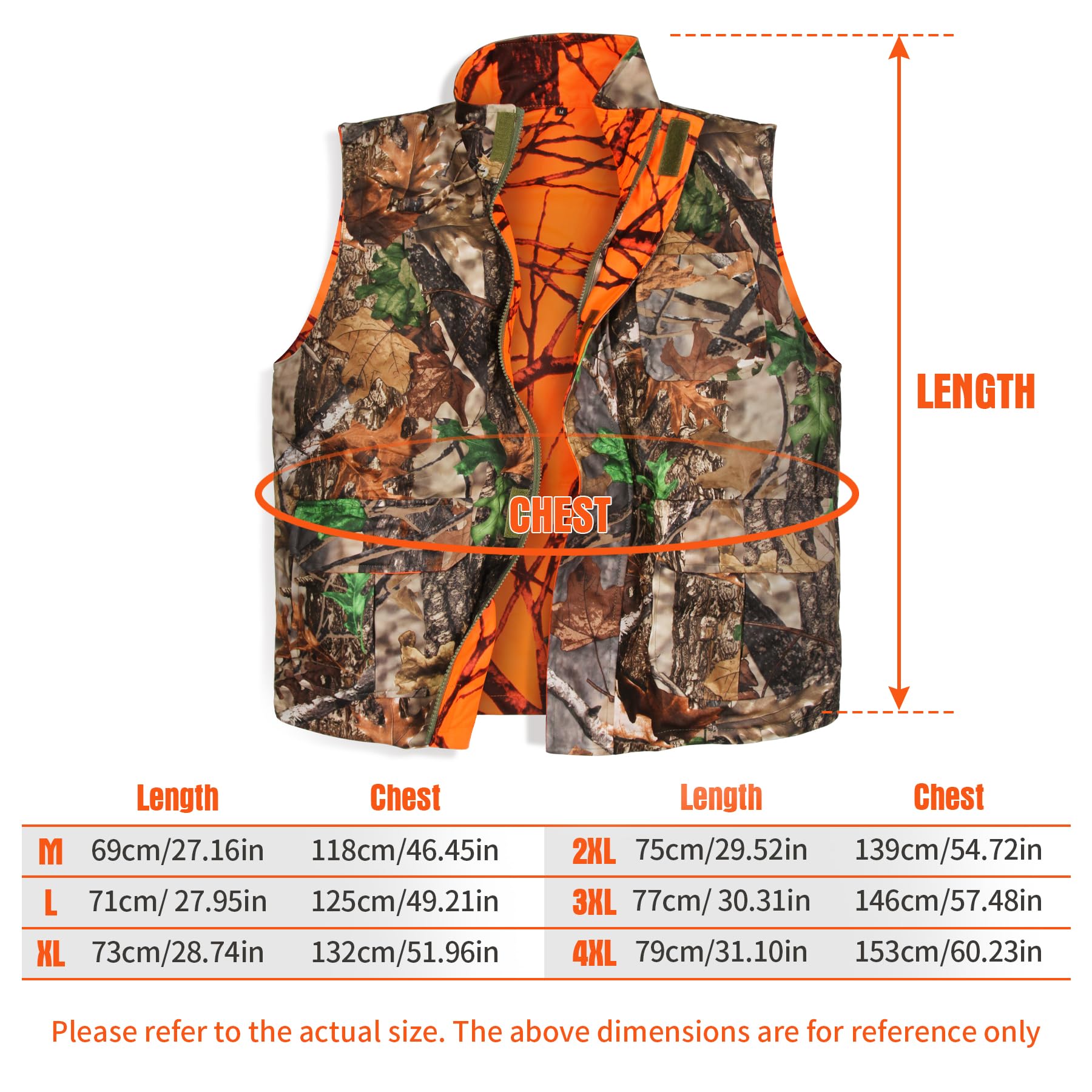 VicBre Gilet da caccia riscaldato da uomo, mimetico e arancione, reversibile, per escursionismo, sci, pesca, campeggio (M-4XL)