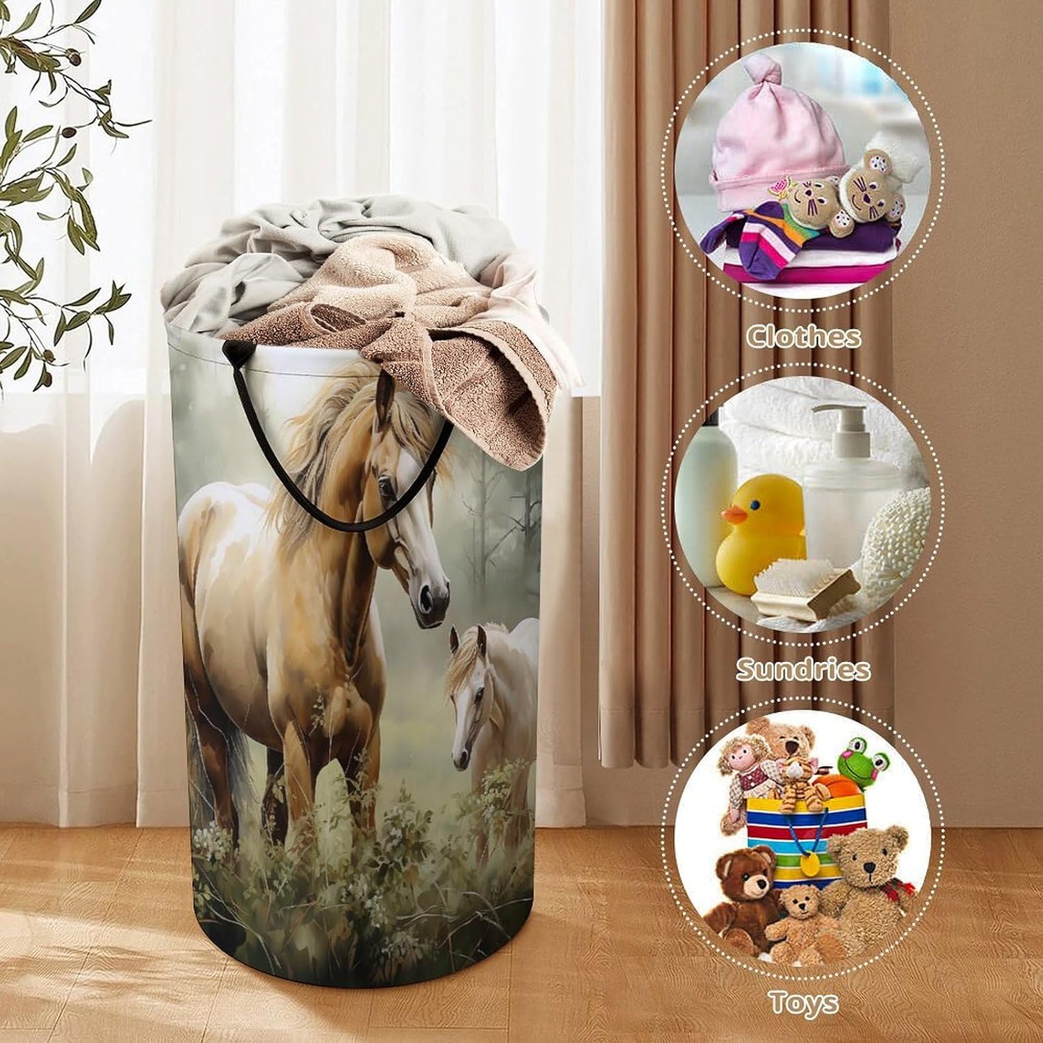 Large Laundry Hamper with Handles Paintings Horses Laundry Basket Freestanding Waterproof Clothes Hamper for Living Room Bedroom Bathroom College Dorm