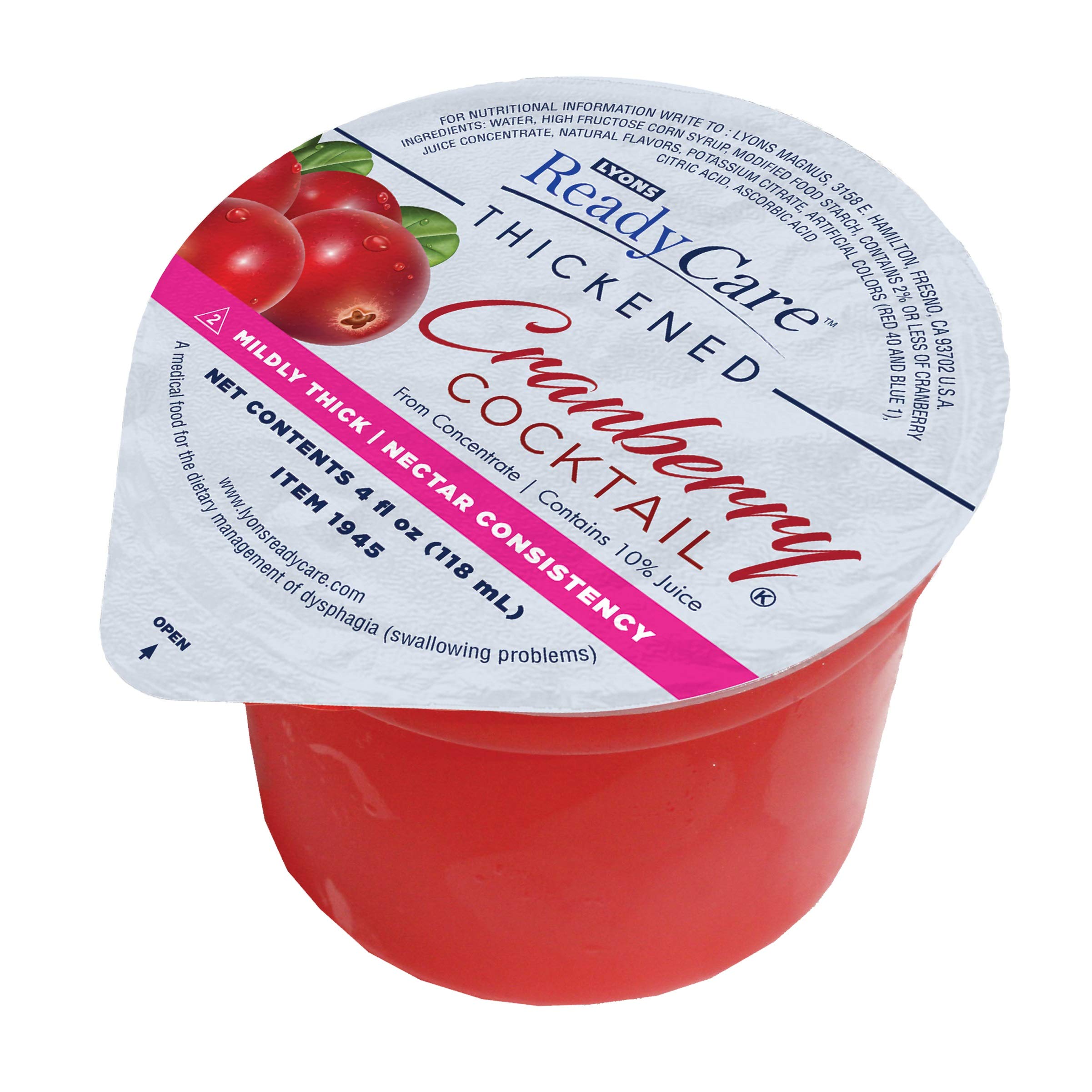 Lyons ReadyCare Thickened Cranberry Cocktail for Dysphagia & Swallowing Difficulty - Nectar Consistency, Level 2 Mildly Thick - 4 fl oz (48 Pack)