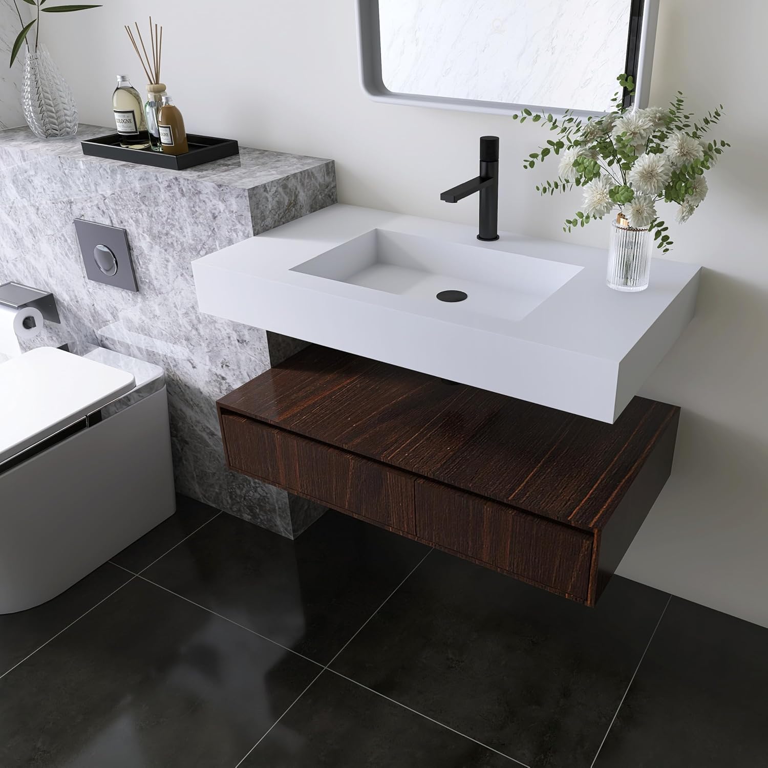 35'' Wall Mount Sink Matte Bathroom Vanity Vessel Sinks Artificial Stone Rectanglee Indoor Outdoors Modern Floating or Countertop Freestanding Wall Hang Sink Bowl (single Holes 35'') 35 inch Single Hole