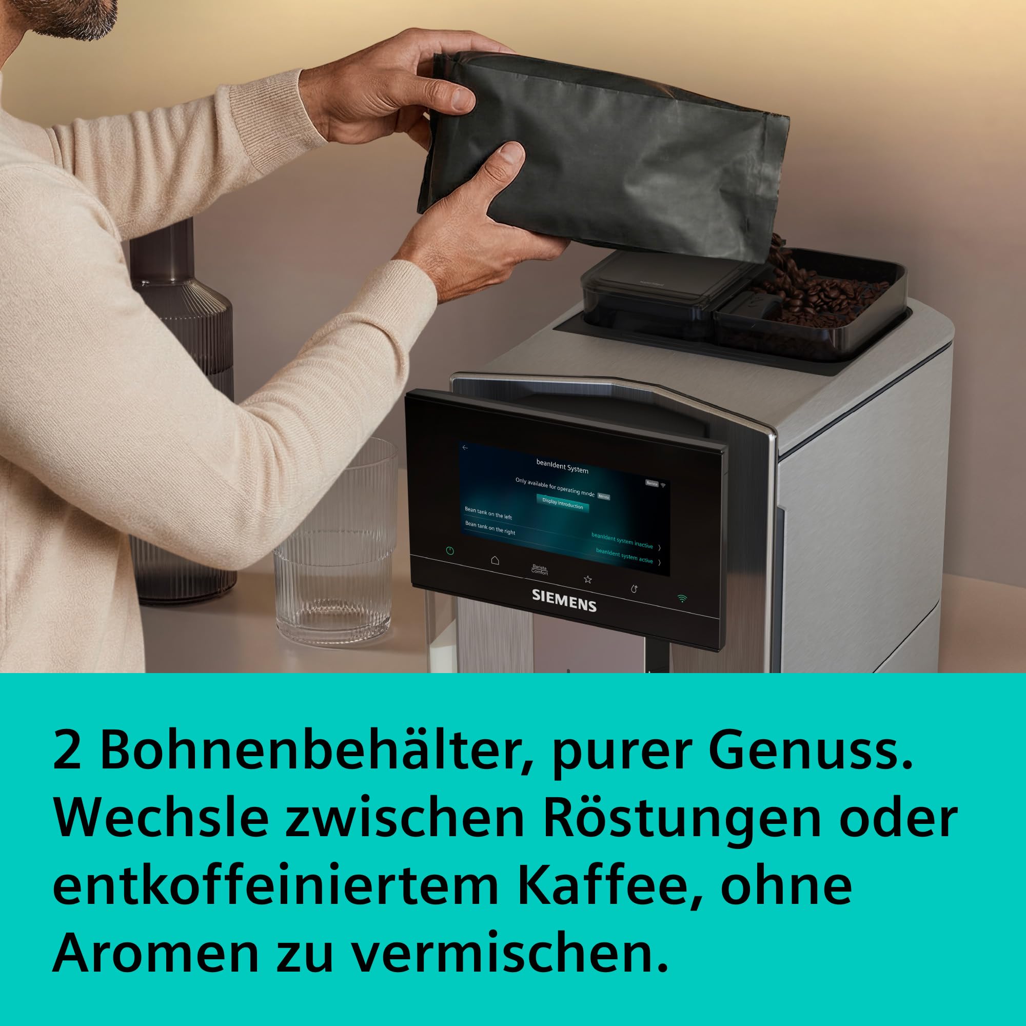 Siemens EQ900 Kaffeevollautomat iAroma, Full-Touch-Display, 2 Bohnenbehälter, Silber, TQ927E03
