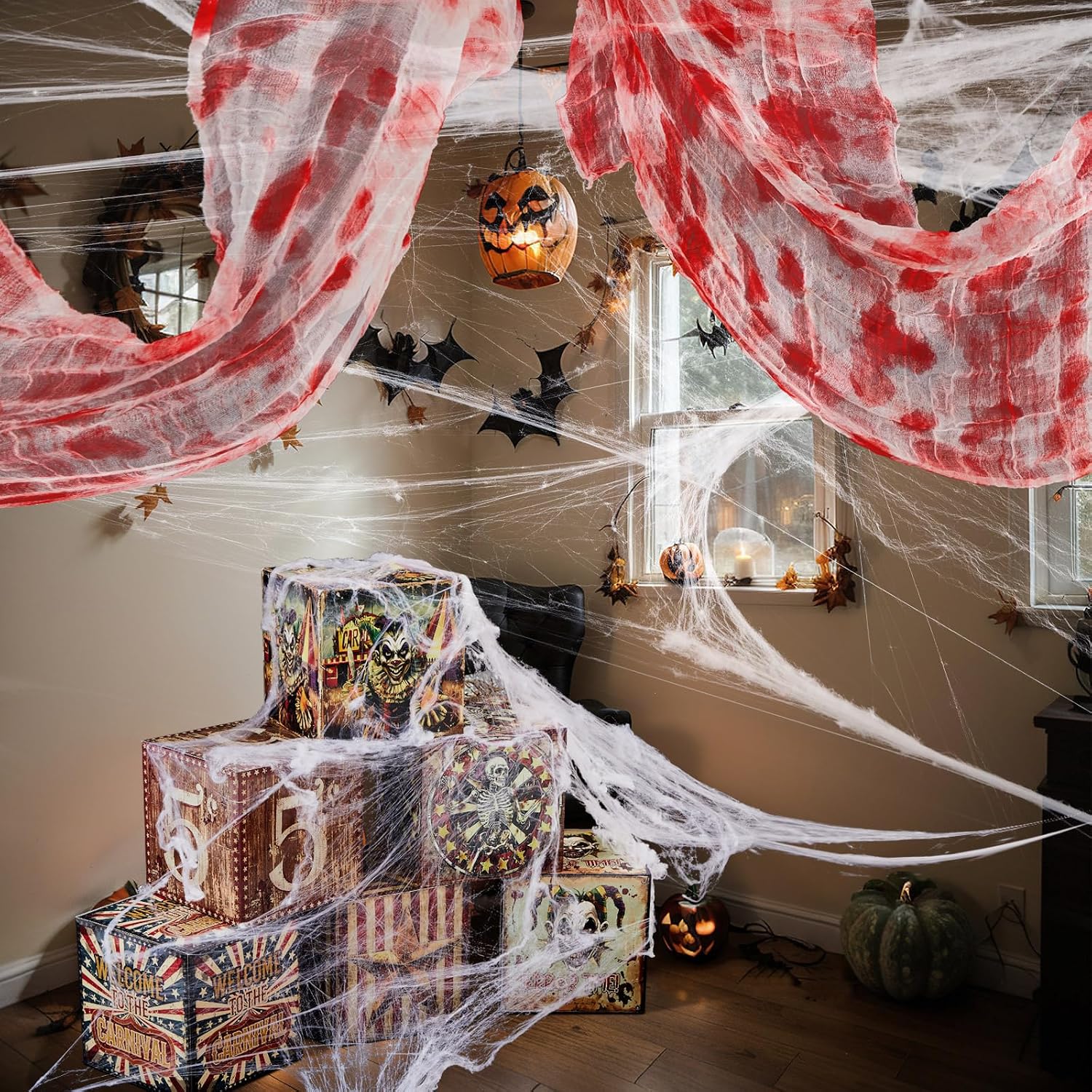 8 Pcs Halloween Clown Box Circus Blood Gauze Web,Funny Clown | Carnival Horror Decor for Haunted House, Mardi Gras Theme Party Supplies, Outdoor Creepy Jack in the Box with Spiderweb