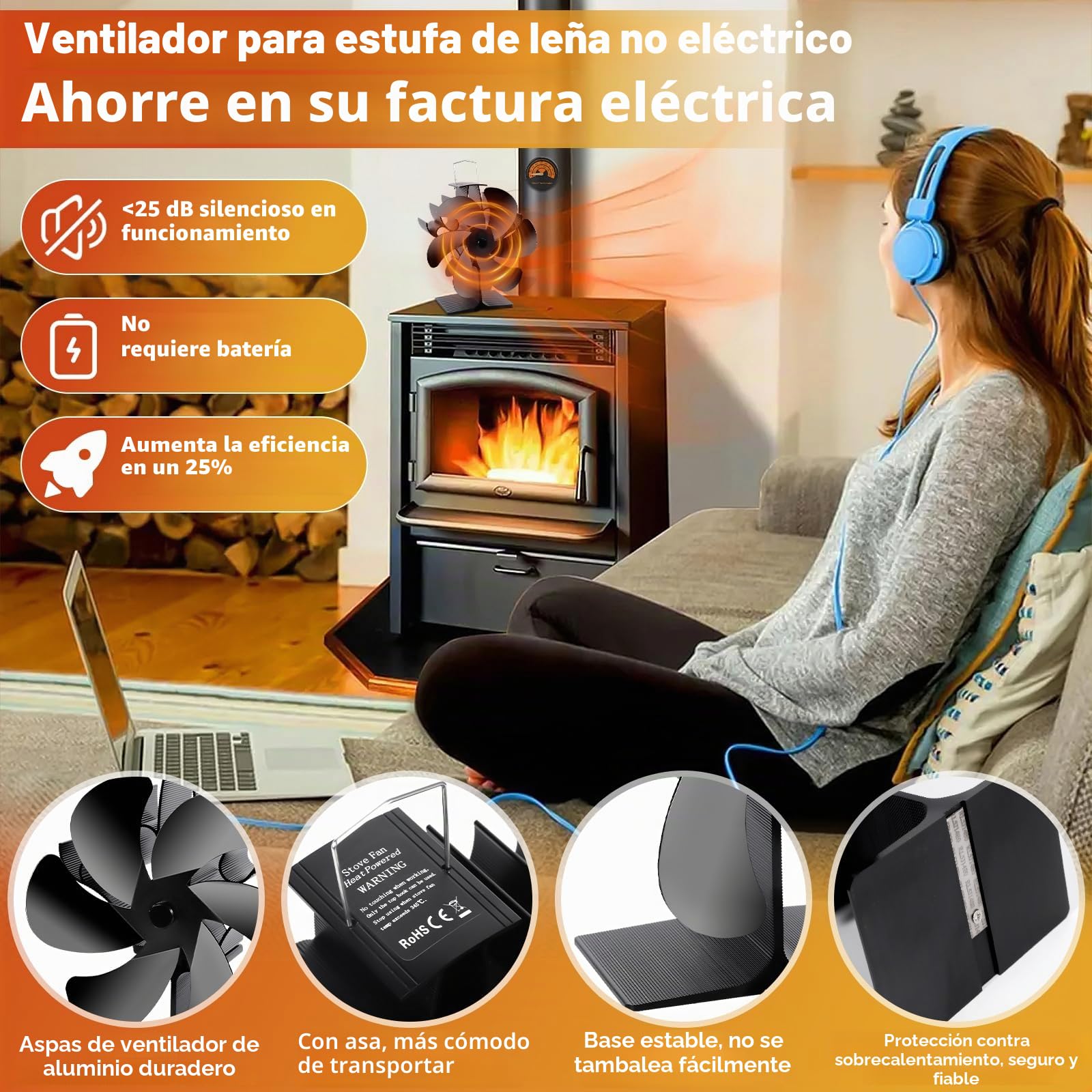 Ventilador de chimenea,Ventilador de estufa de 6 palas,con termómetro magnético y Guantes,Circulación de Aire Caliente,Ventilador no eléctrico,para leña/leña/chimenea para estufas de leña.