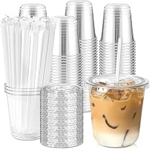 100 Pack 12 oz Plastic Coffee Cups with Lids and Straws