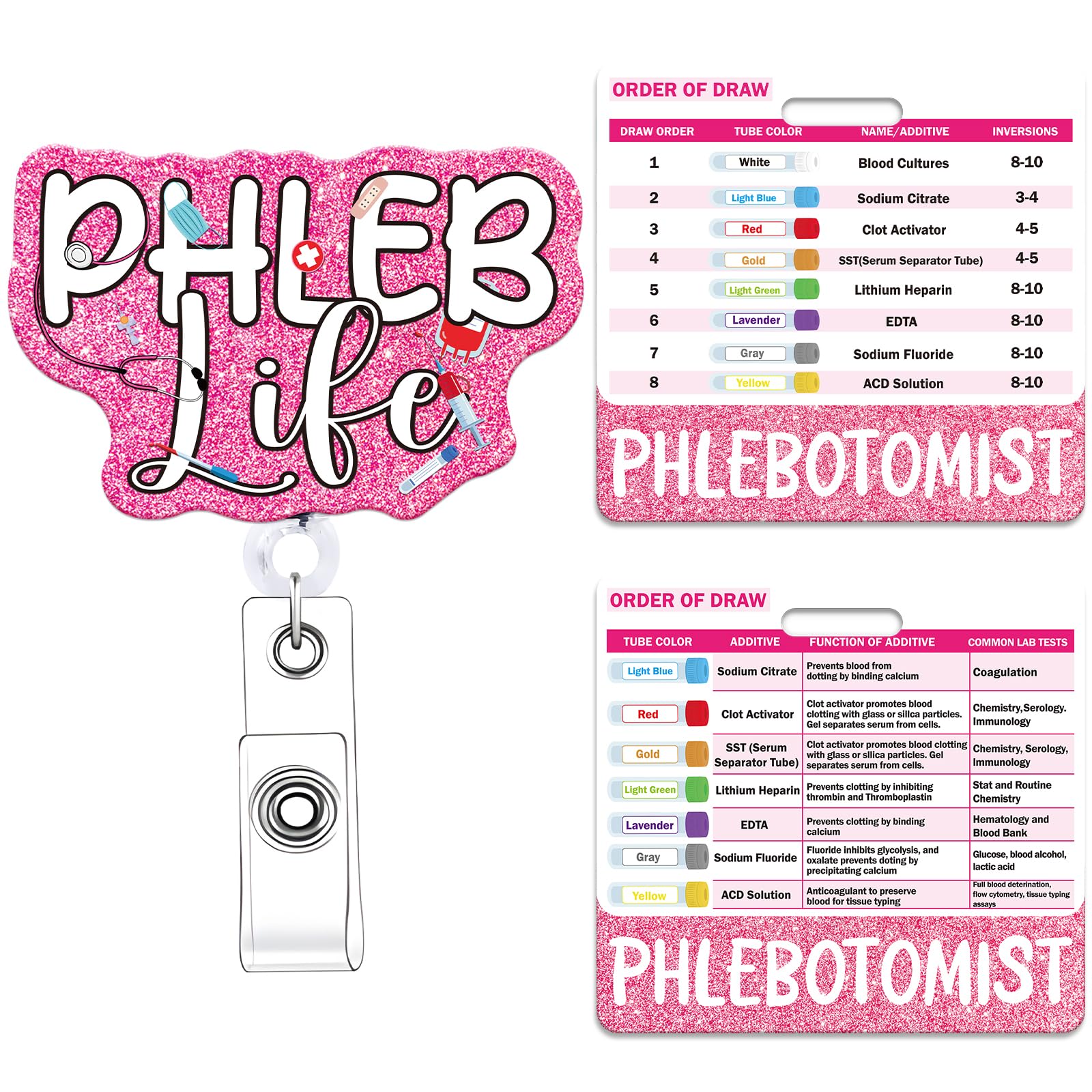 Phlebotomy Badge Reel with Badge Buddy - NOVBAUB Pink Phlebotomist Nurse Badge Reel and PHLEB Life Badge Buddy Retractable ID Clip for Nursing Gifts