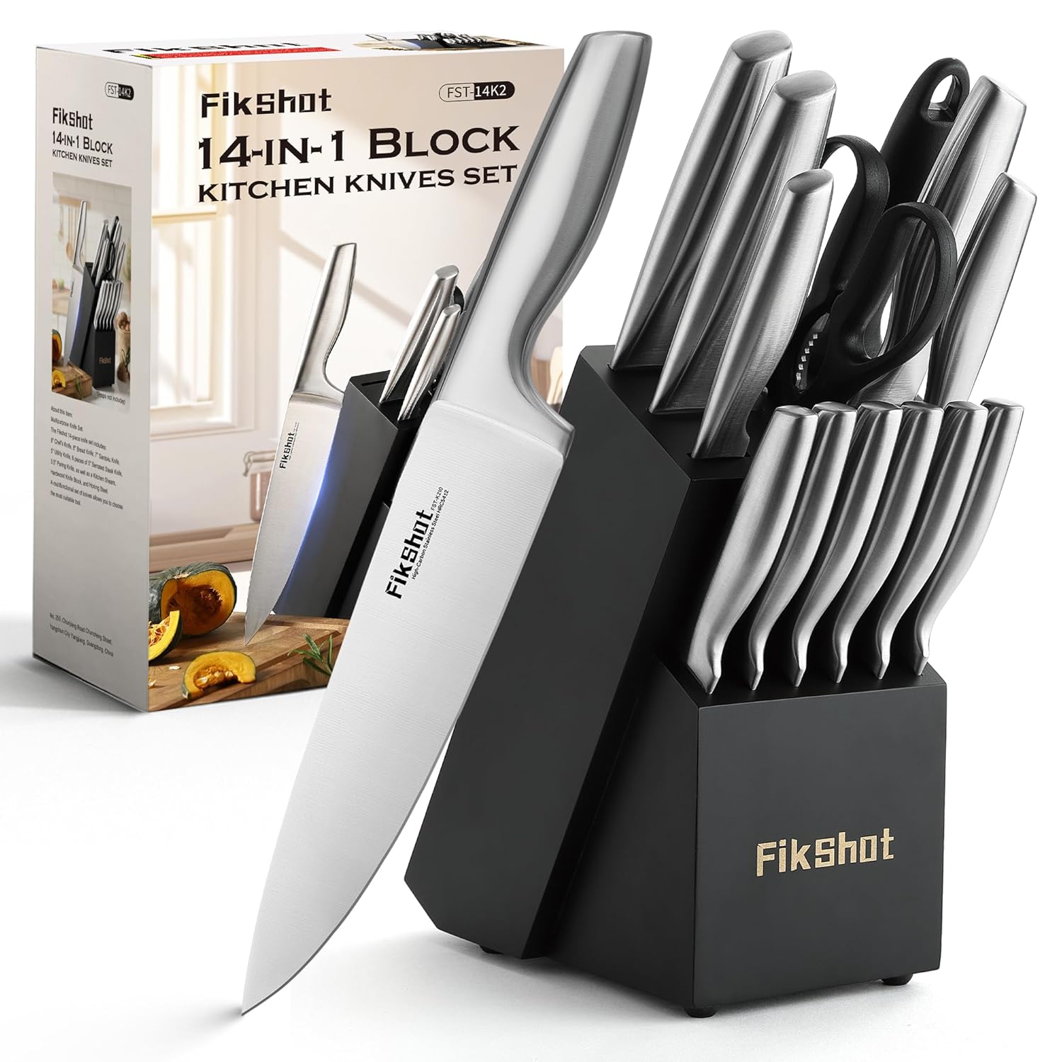 Kitchen Knife Set FIKSHOT Premium Stainless Steel Knife Block Set Razor-Sharp Santoku Knife and Fruit Knives Gift for