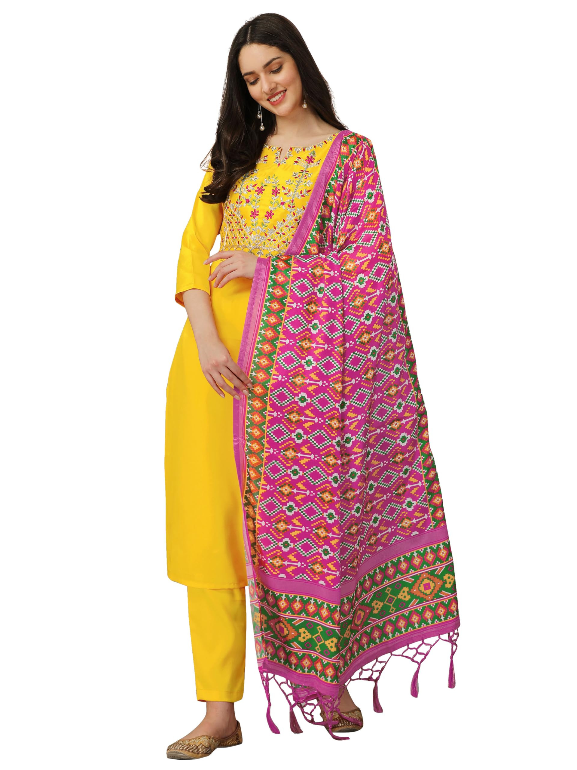 Kurta Set Malai Satin Embroidery Salwar Suit for Women Kurta Pant Set with Patola Printed Dupatta