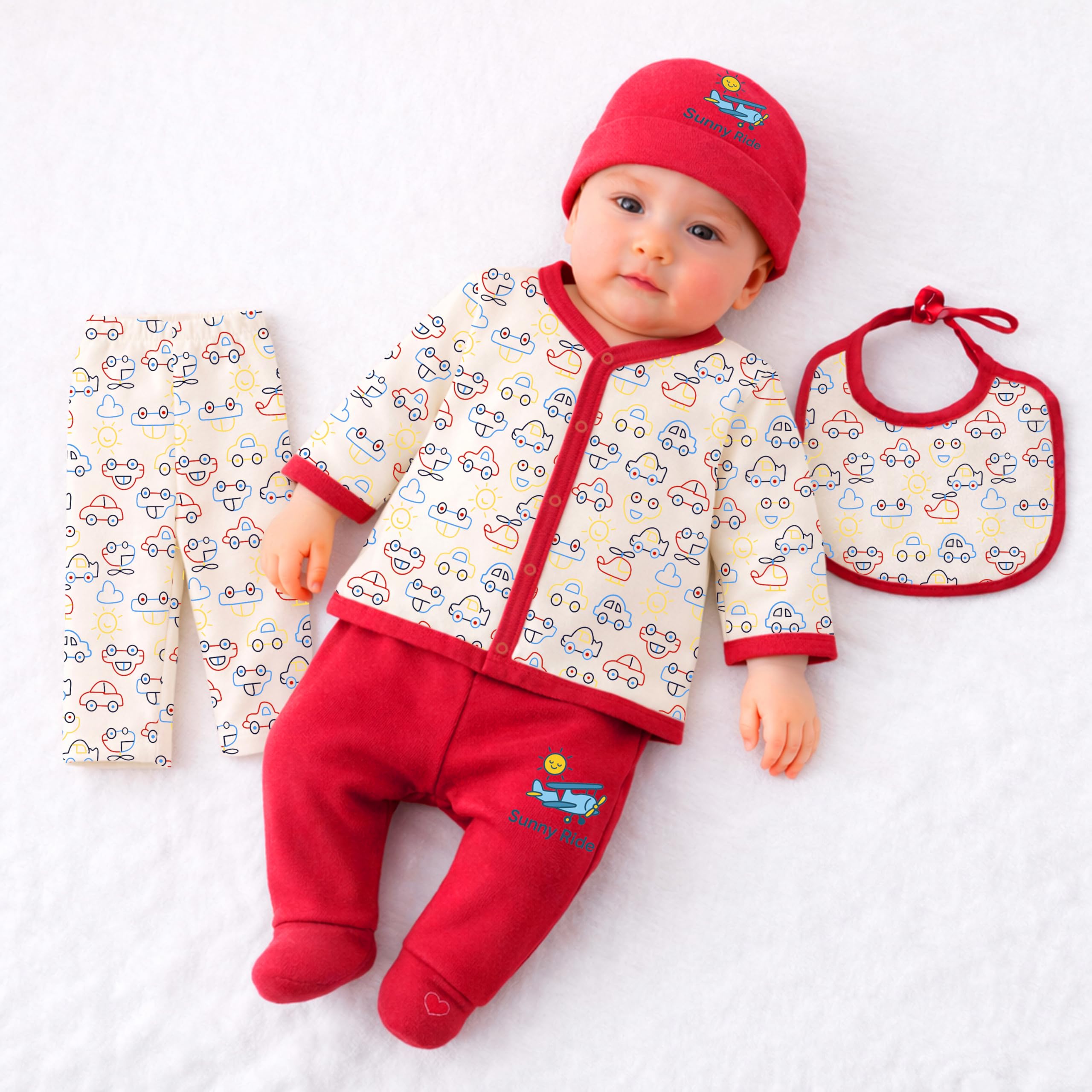 Kidbee Baby Clothing Gift Set for Boys & Girls, 5 Piece Newborn Clothing Combo with Front Open Top, Pajama, Printed Pant, Cap & Bib, Soft Cotton, 0–6 Months Baby-image-45